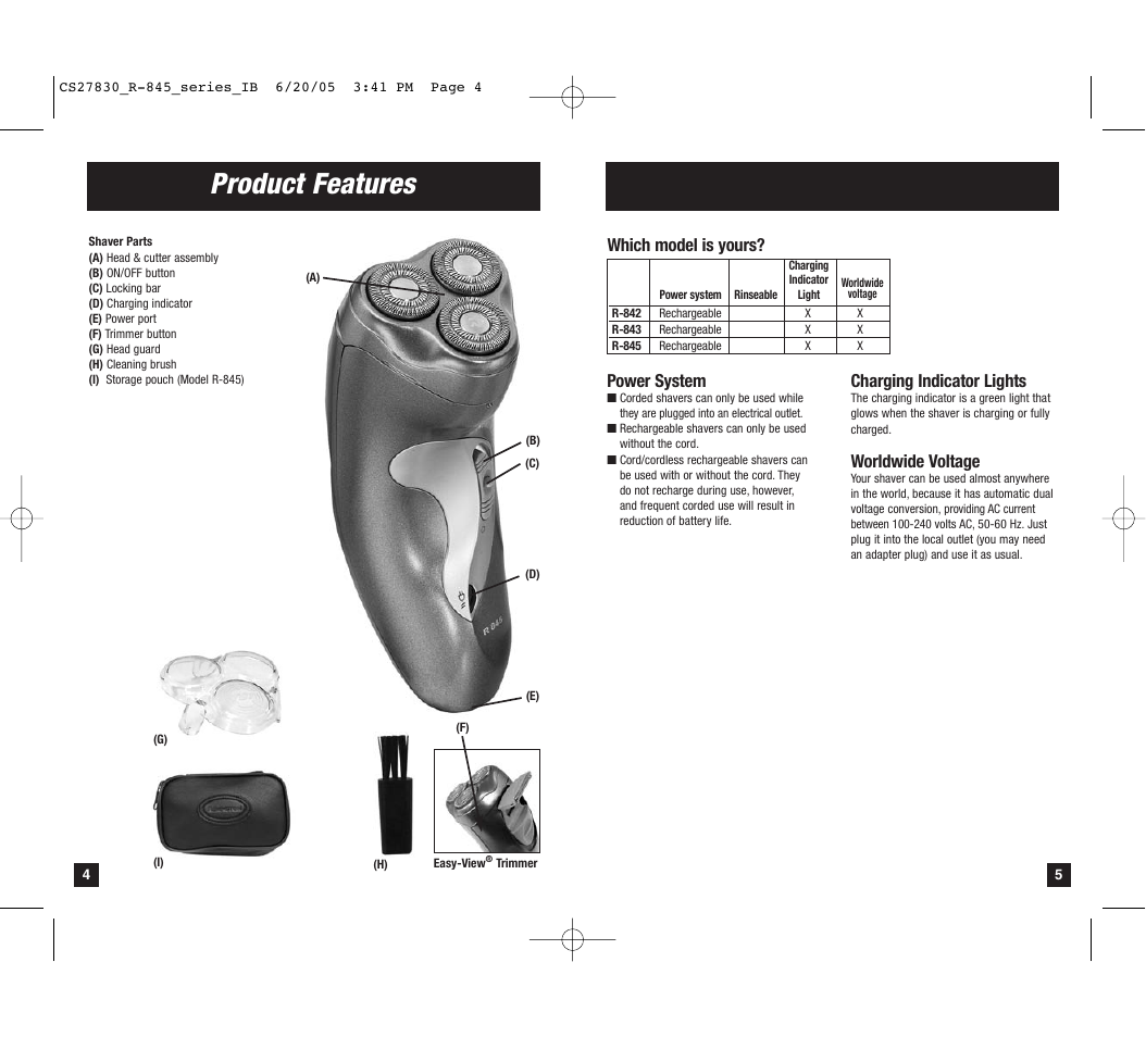 Product features, Which model is yours, Power system | Charging indicator lights, Worldwide voltage | Remington R-843 User Manual | Page 3 / 7