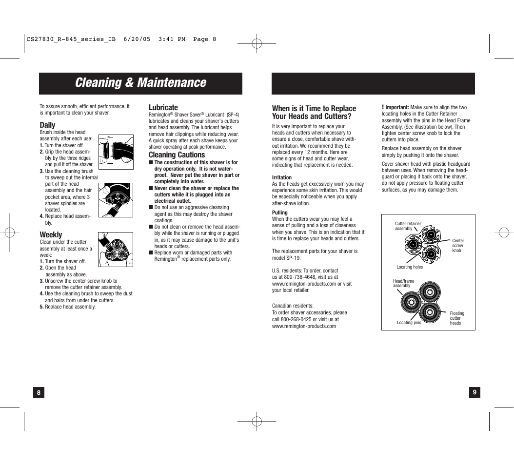 Cleaning & maintenance, Daily, Weekly | Lubricate, Cleaning cautions, When is it time to replace your heads and cutters | Remington R-843 User Manual | Page 5 / 7