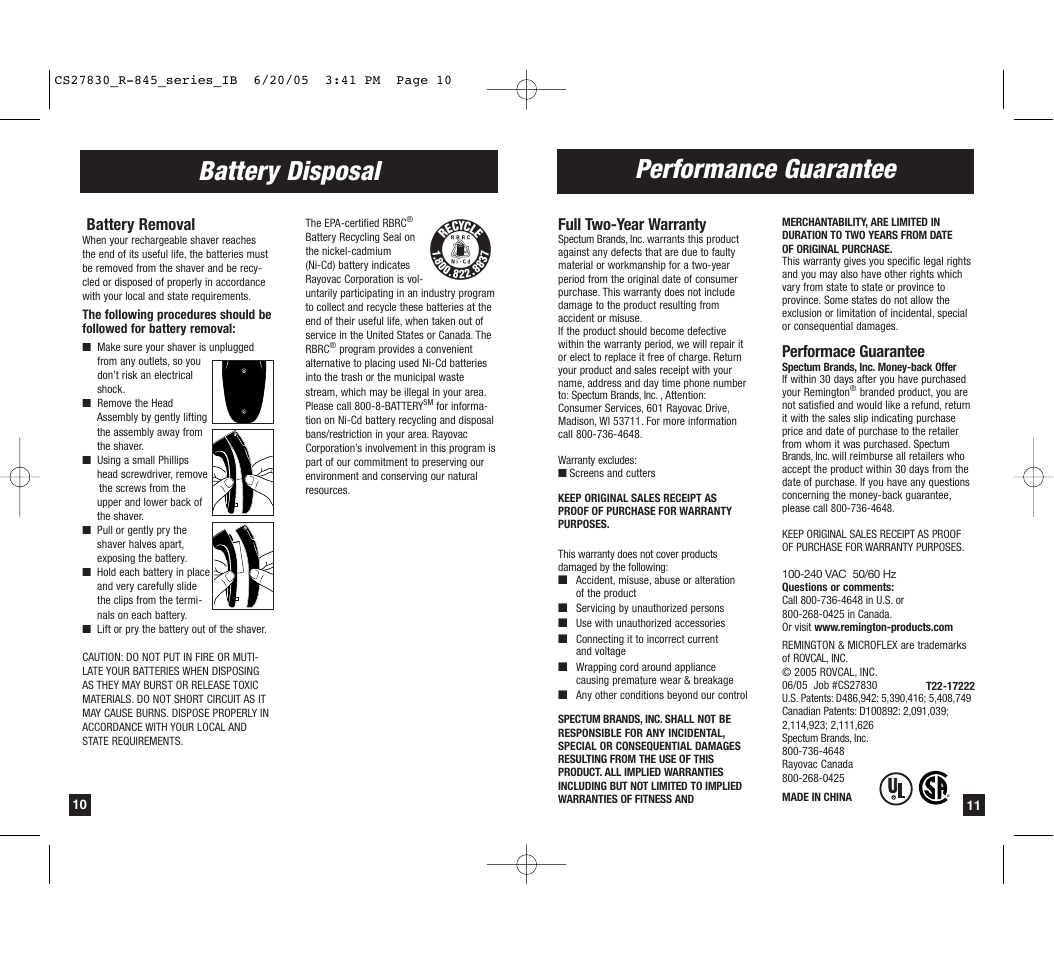 Battery disposal, Performance guarantee, Performace guarantee | Battery removal, Full two-year warranty | Remington R-843 User Manual | Page 6 / 7