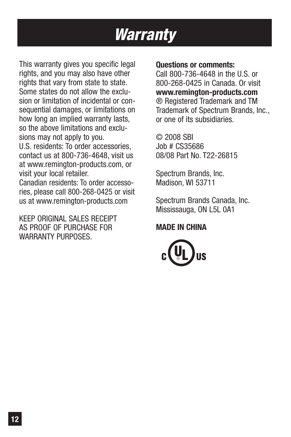 Warranty | Remington PRECISION HC-70 User Manual | Page 12 / 24