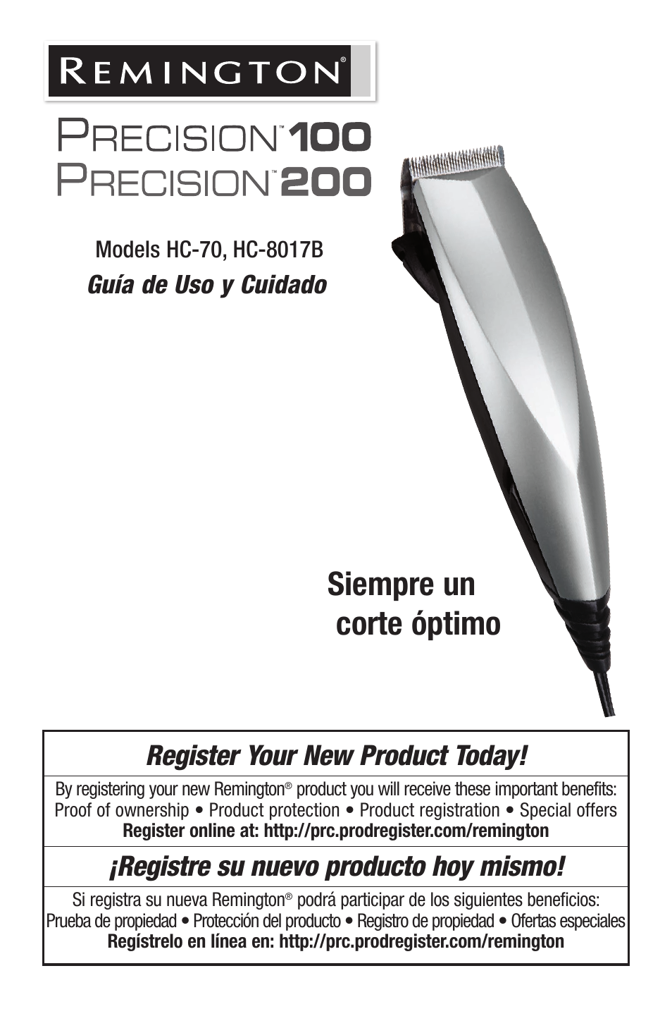 Siempre un corte óptimo, Register your new product today, Registre su nuevo producto hoy mismo | Guía de uso y cuidado | Remington PRECISION HC-70 User Manual | Page 13 / 24