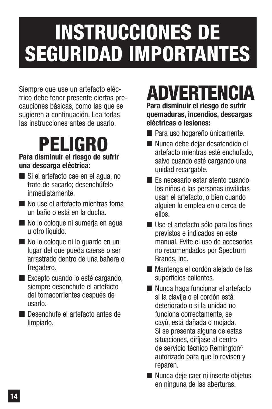 Instrucciones de seguridad importantes, Peligro, Advertencia | Remington PRECISION HC-70 User Manual | Page 14 / 24