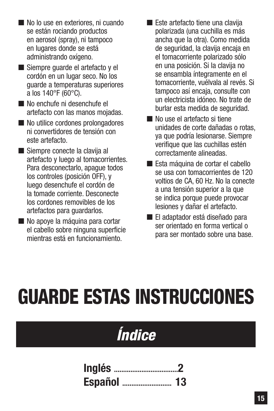 Guarde estas instrucciones, Índice, Inglés | 2español | Remington PRECISION HC-70 User Manual | Page 15 / 24