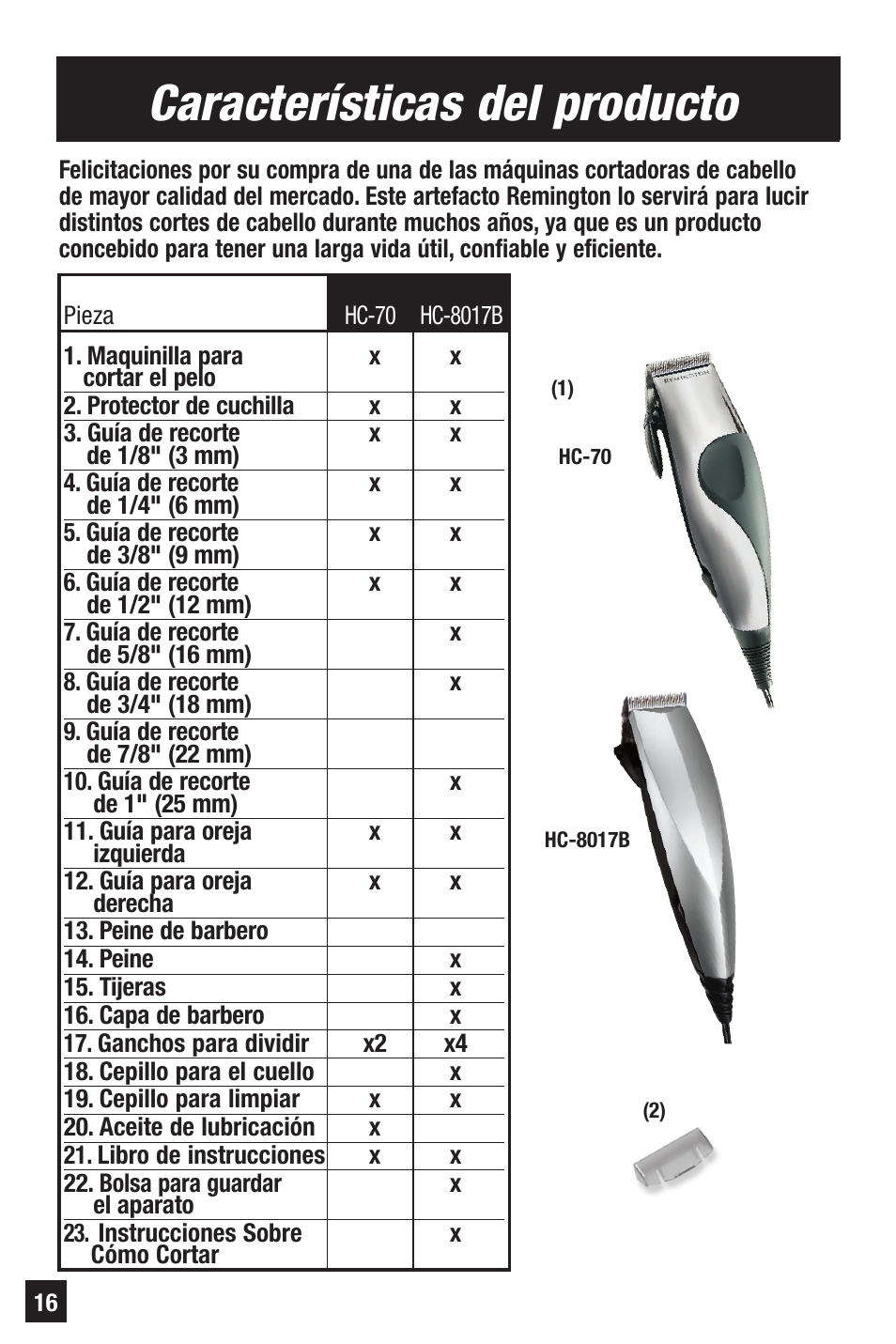 Características del producto | Remington PRECISION HC-70 User Manual | Page 16 / 24