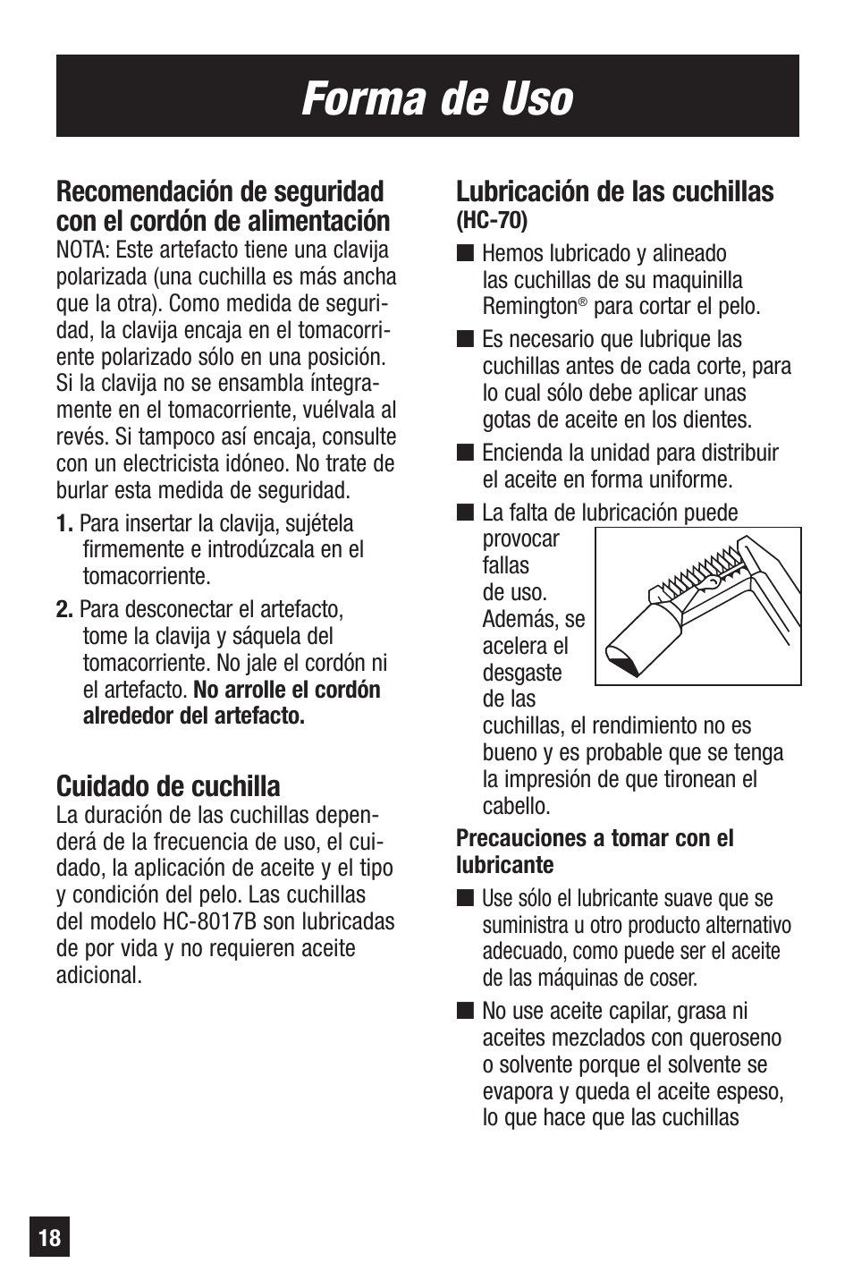 Forma de uso, Lubricación de las cuchillas, Cuidado de cuchilla | Remington PRECISION HC-70 User Manual | Page 18 / 24