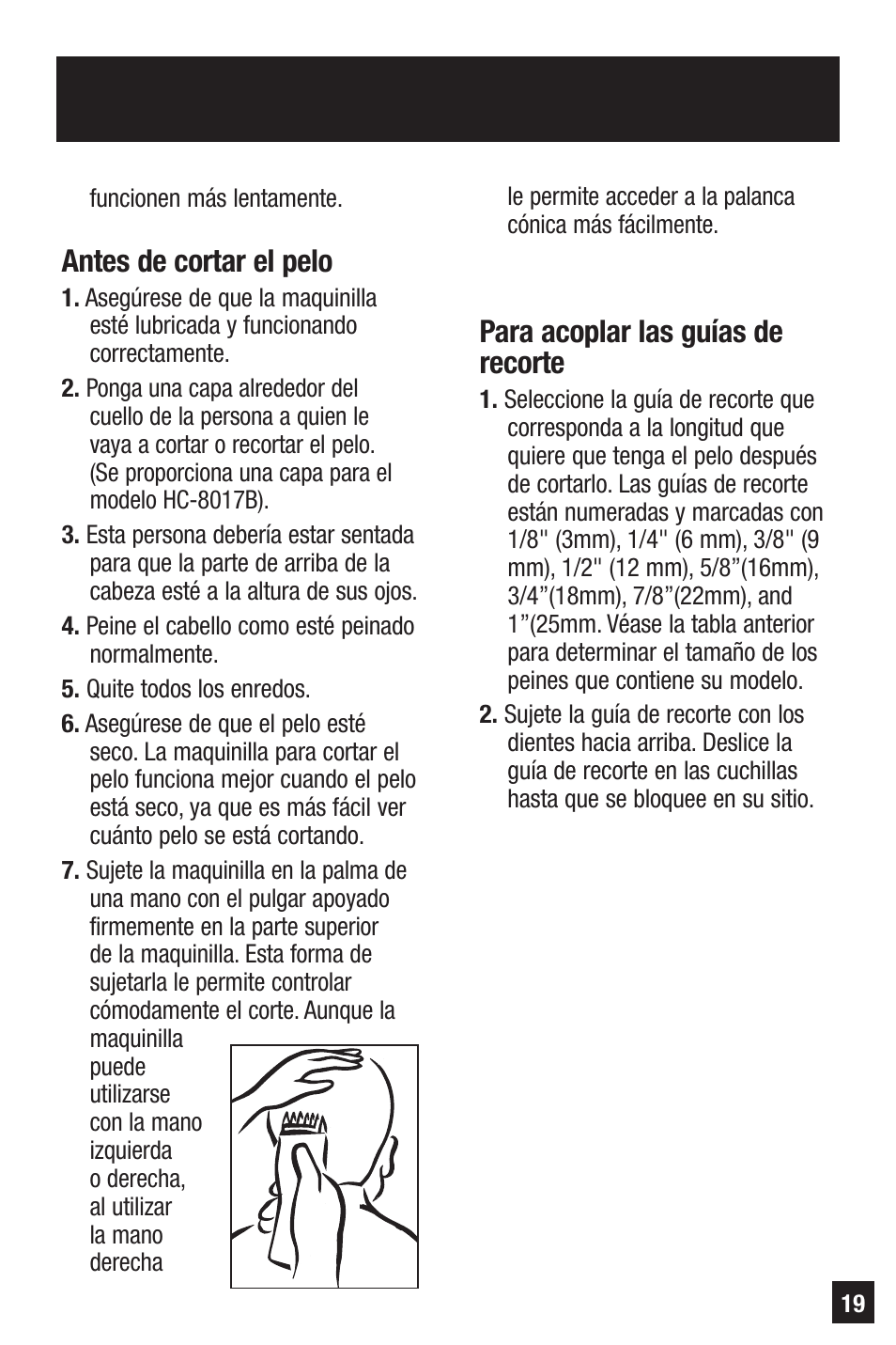 Antes de cortar el pelo, Para acoplar las guías de recorte | Remington PRECISION HC-70 User Manual | Page 19 / 24