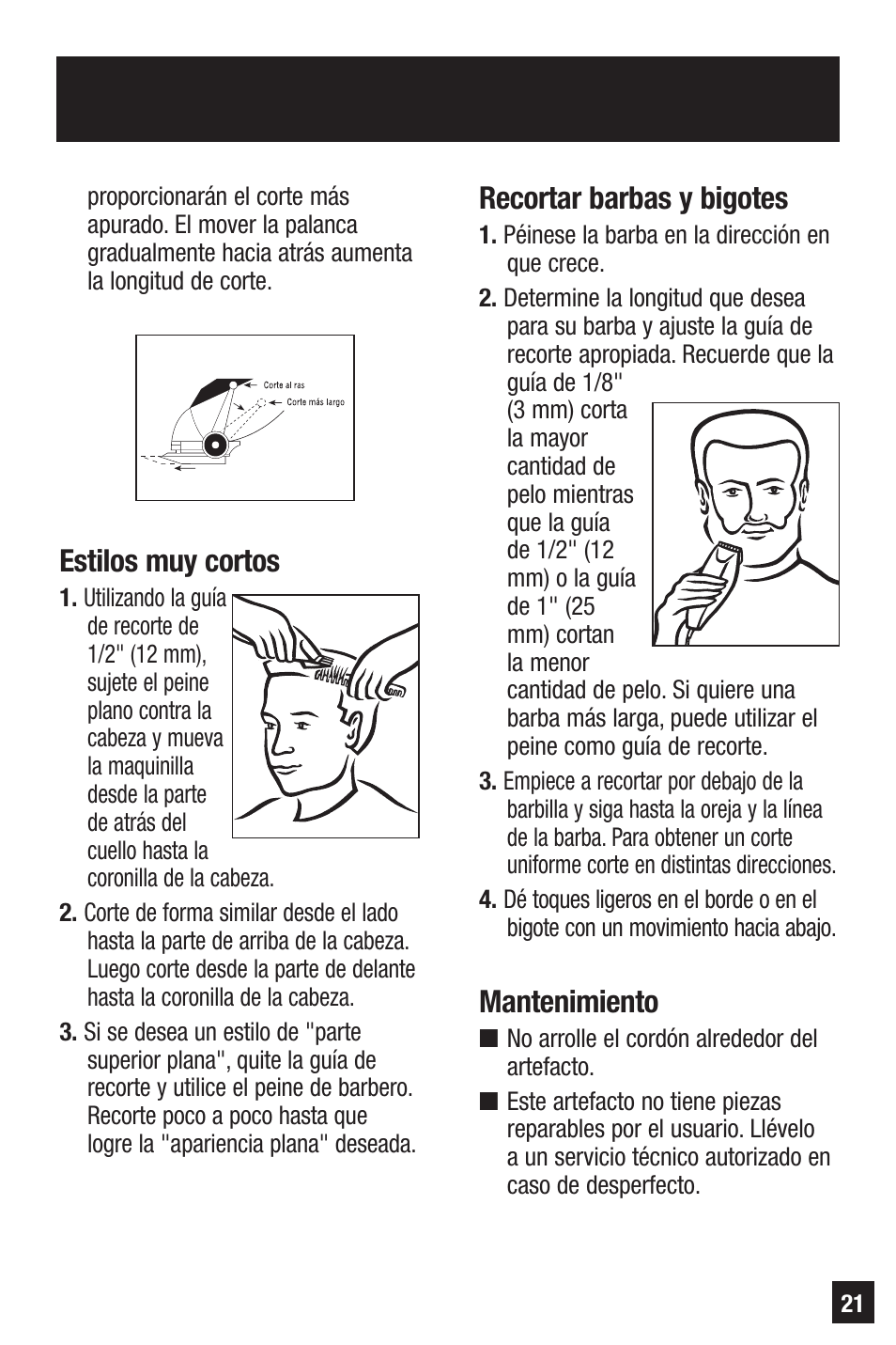 Recortar barbas y bigotes, Mantenimiento, Estilos muy cortos | Remington PRECISION HC-70 User Manual | Page 21 / 24