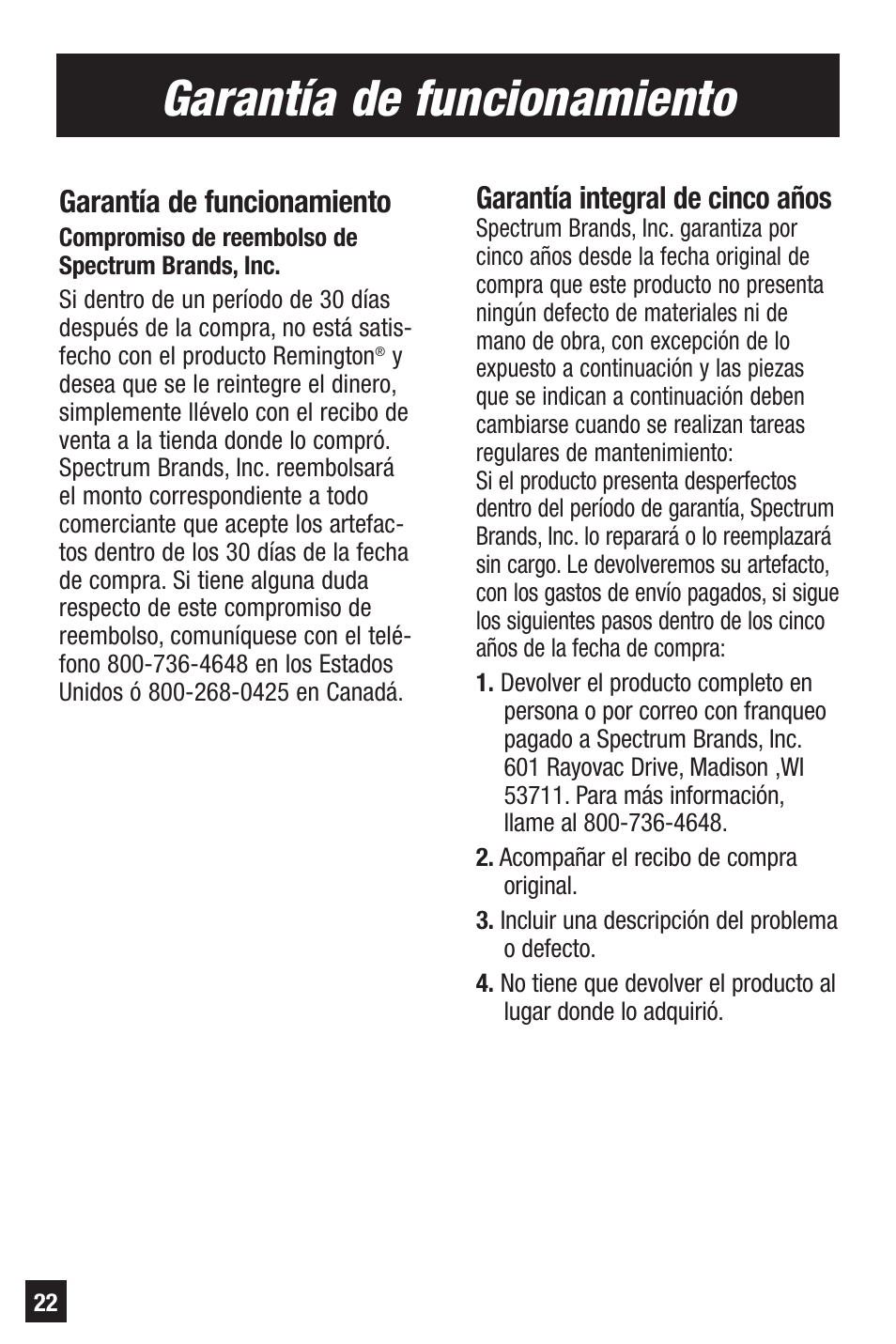 Garantía de funcionamiento, Garantía integral de cinco años | Remington PRECISION HC-70 User Manual | Page 22 / 24