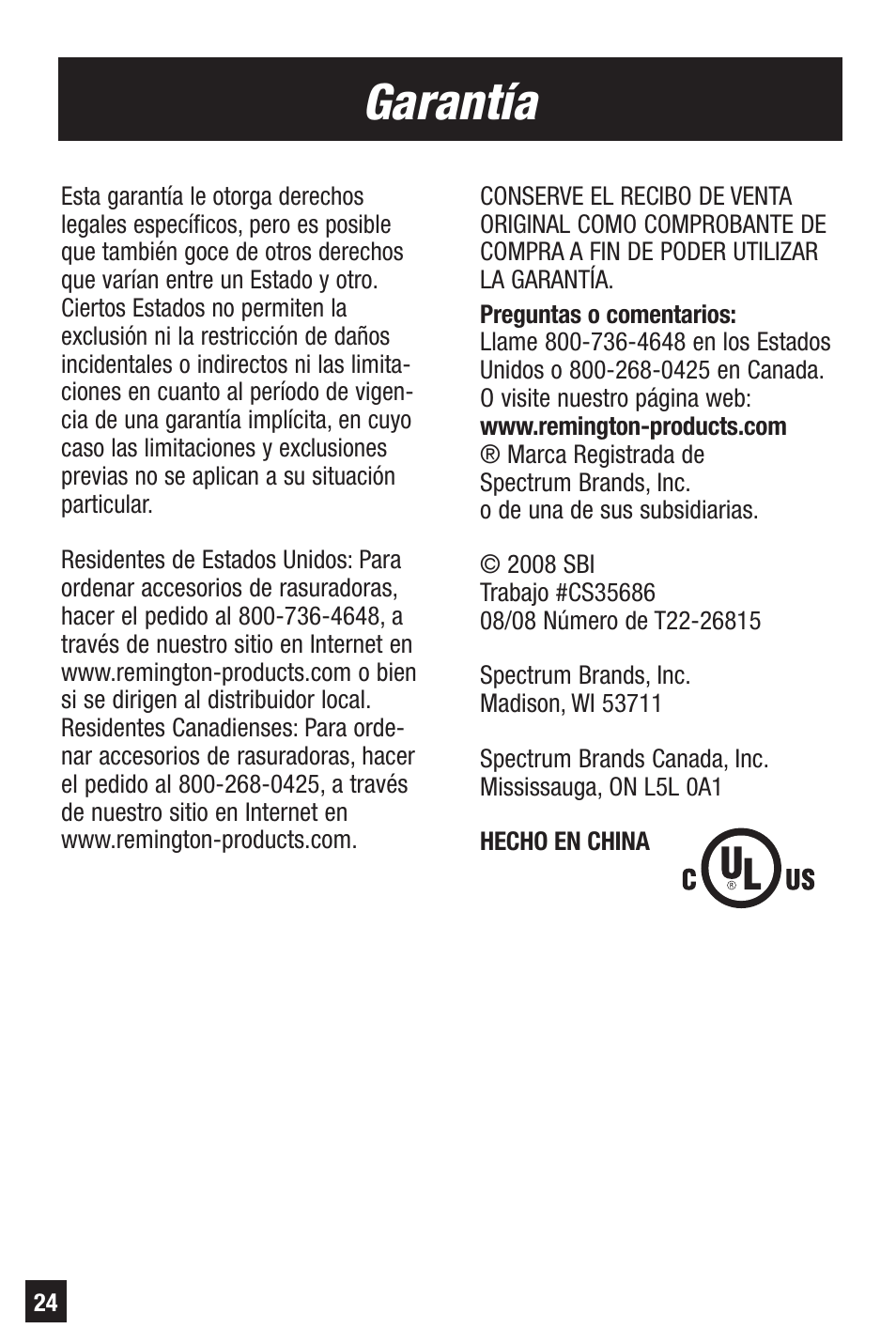 Garantía | Remington PRECISION HC-70 User Manual | Page 24 / 24