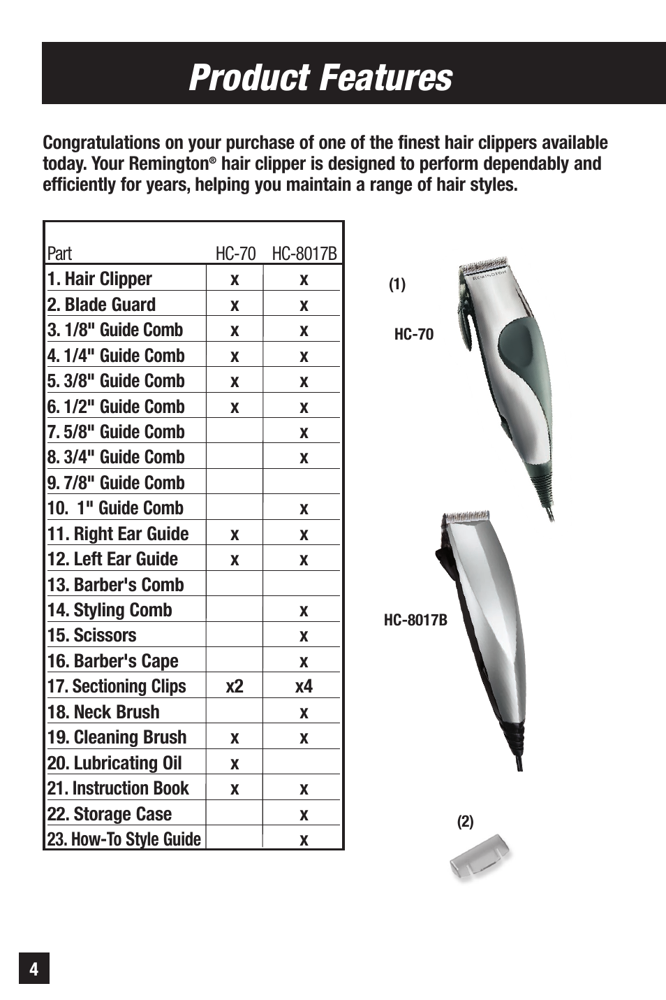 Product features | Remington PRECISION HC-70 User Manual | Page 4 / 24