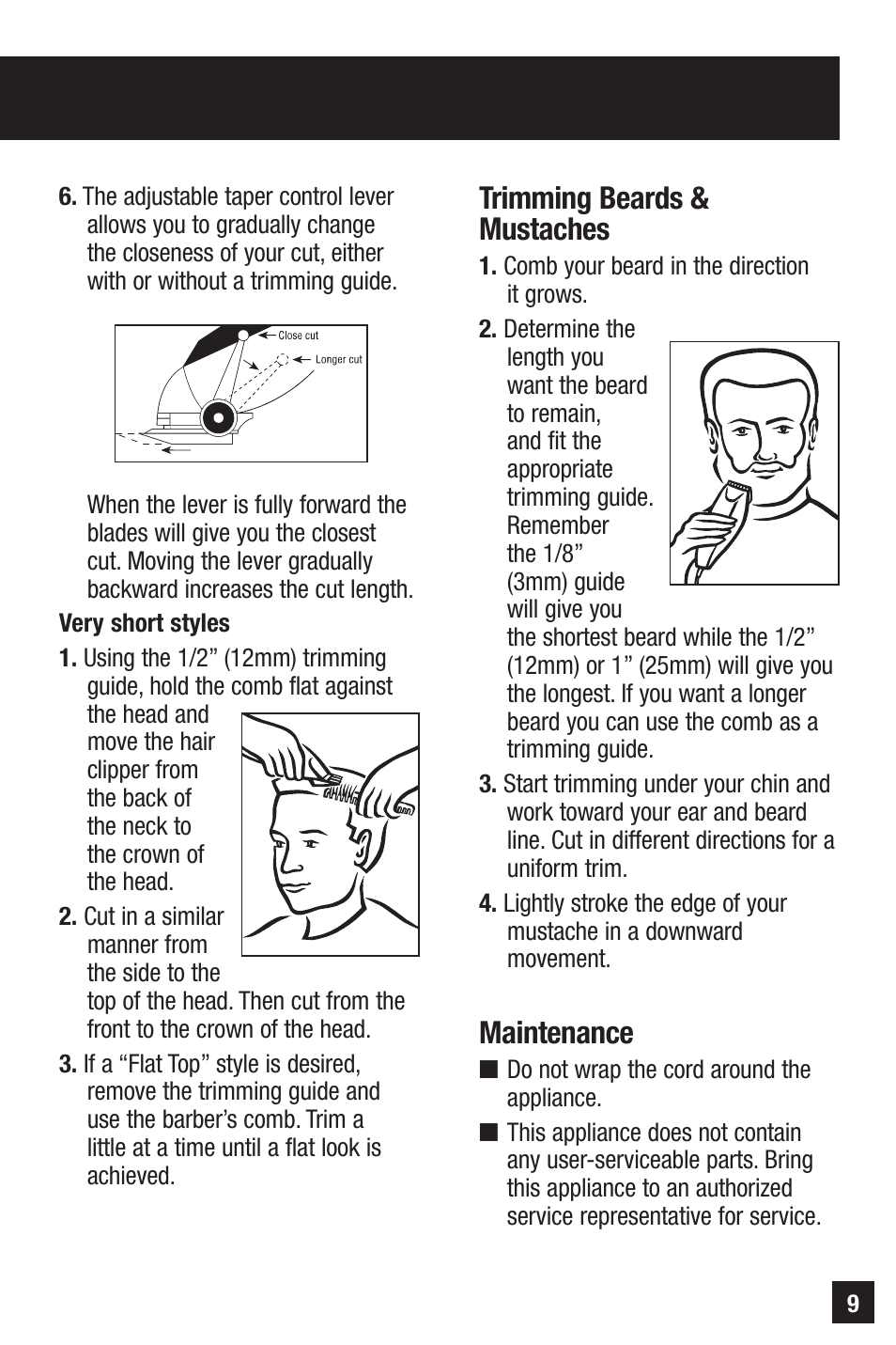 Usage tips, Trimming beards & mustaches, Maintenance | Remington PRECISION HC-70 User Manual | Page 9 / 24