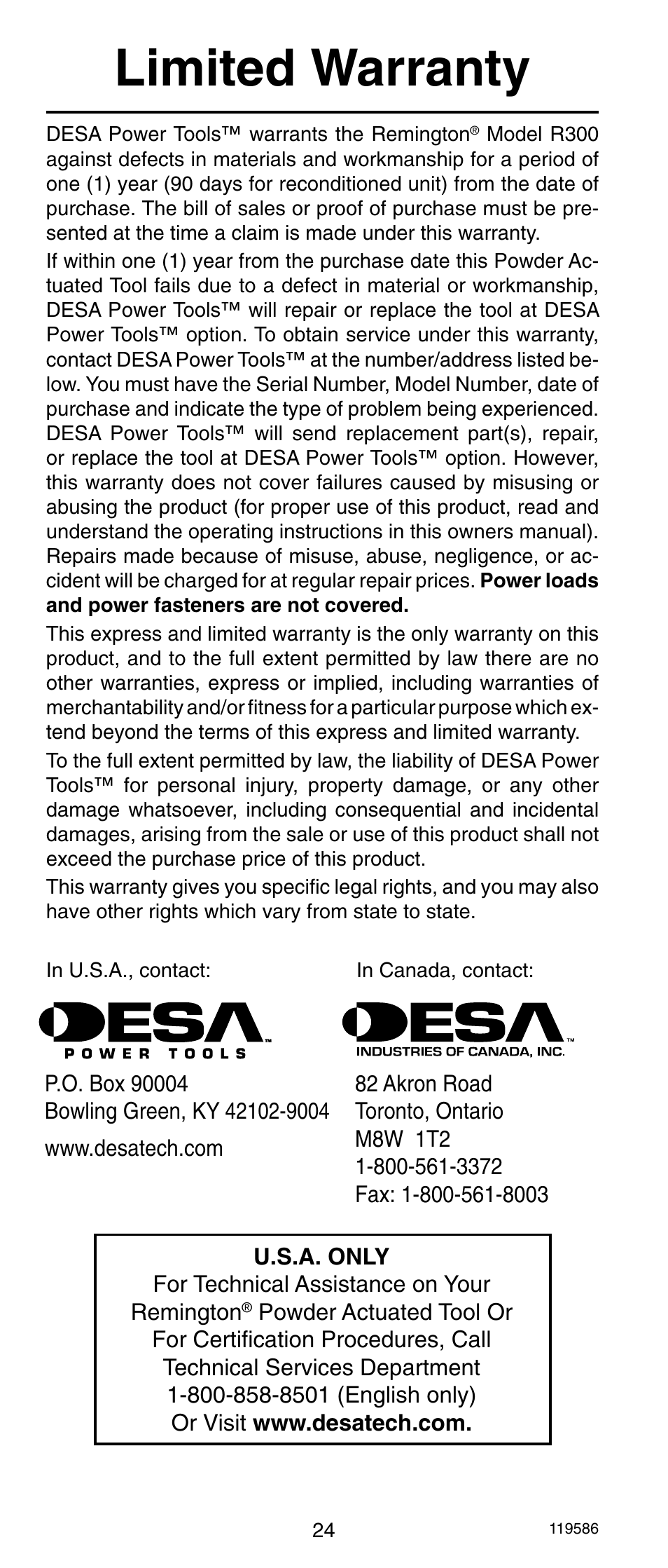 Limited warranty | Remington r300 User Manual | Page 24 / 72