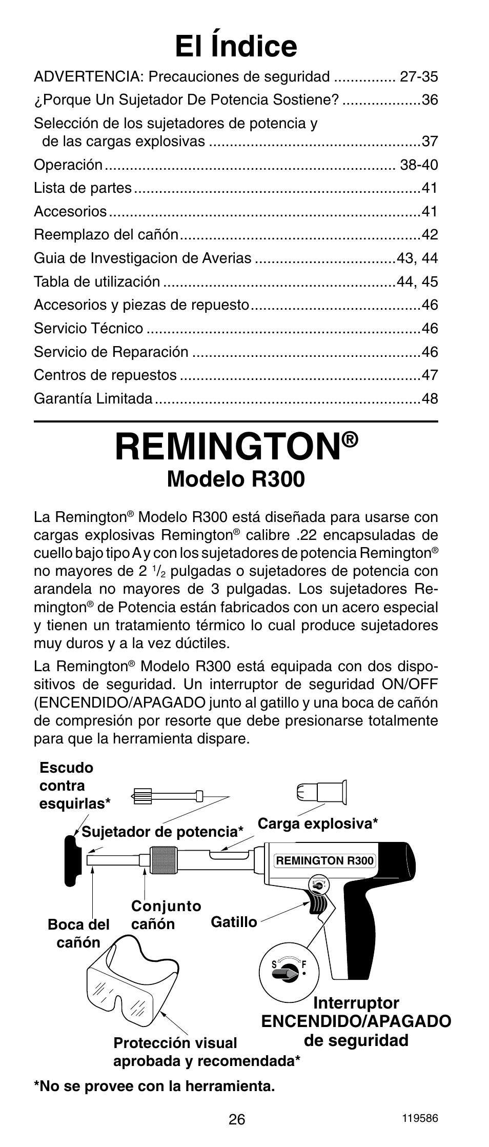 Remington, El índice, Modelo r300 | Interruptor encendido/apagado de seguridad | Remington r300 User Manual | Page 26 / 72