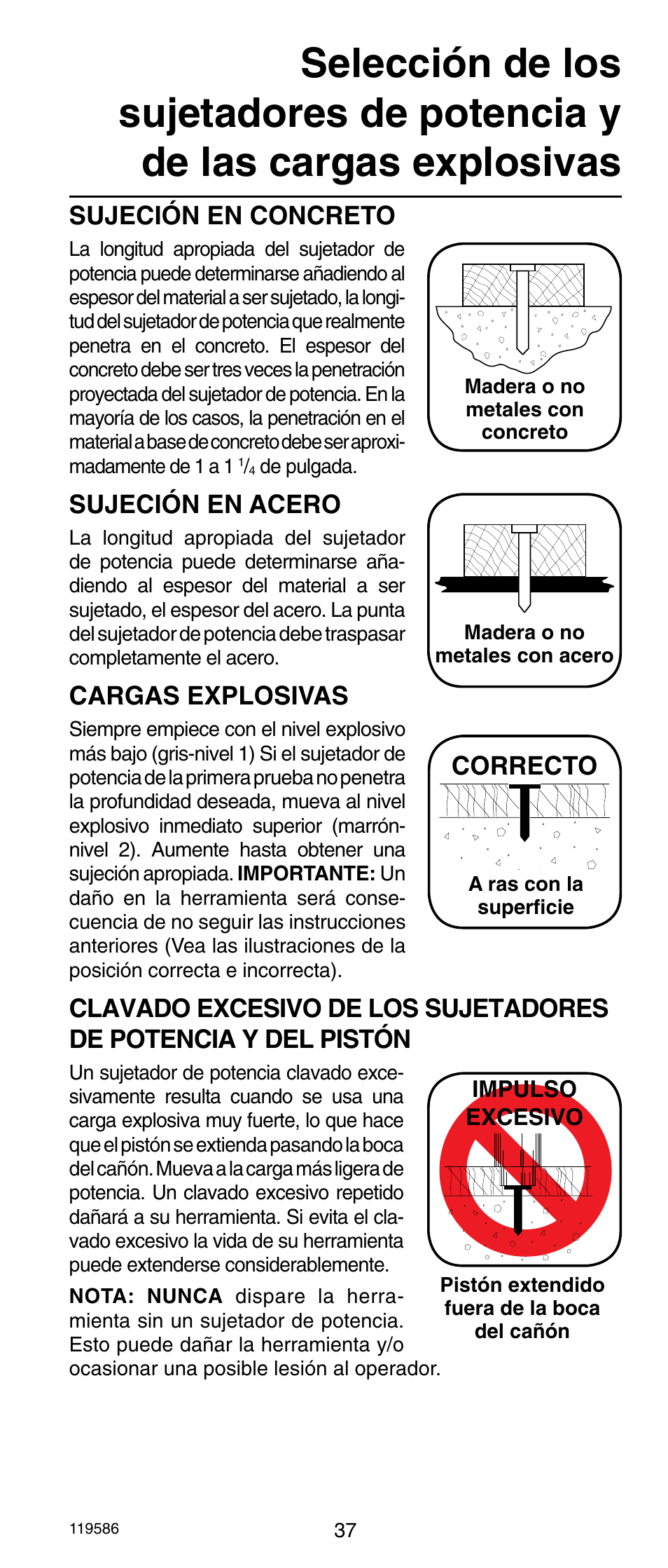 Sujeción en concreto, Sujeción en acero, Cargas explosivas | Correcto | Remington r300 User Manual | Page 37 / 72