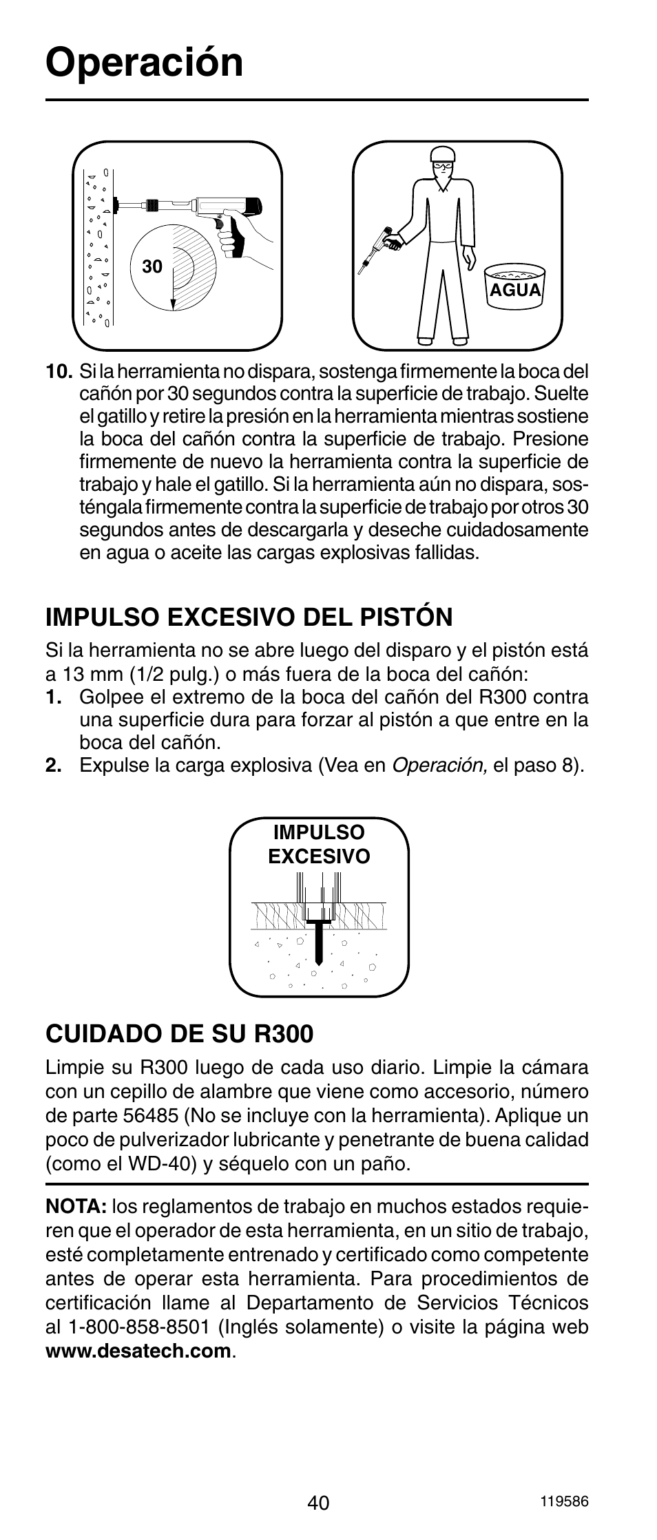 Operación, Cuidado de su r300, Impulso excesivo del pistón | Remington r300 User Manual | Page 40 / 72