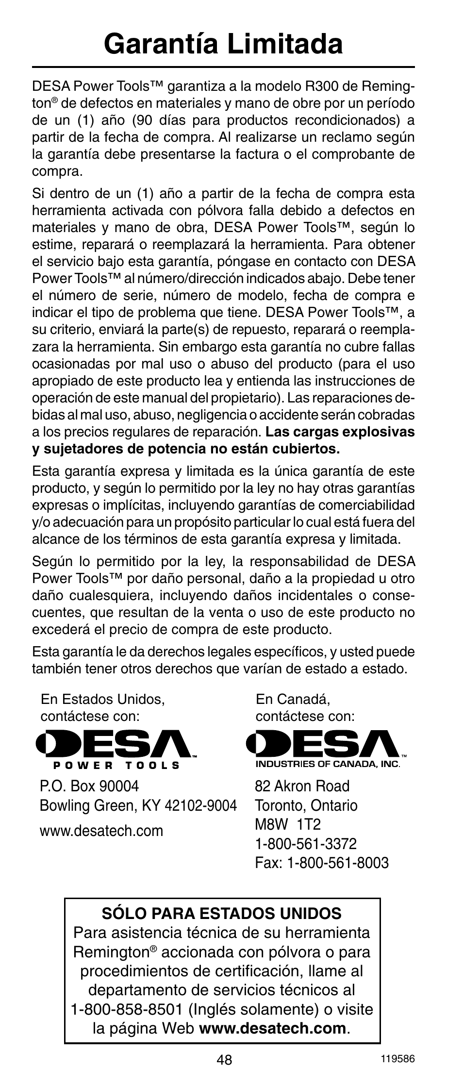 Garantía limitada | Remington r300 User Manual | Page 48 / 72