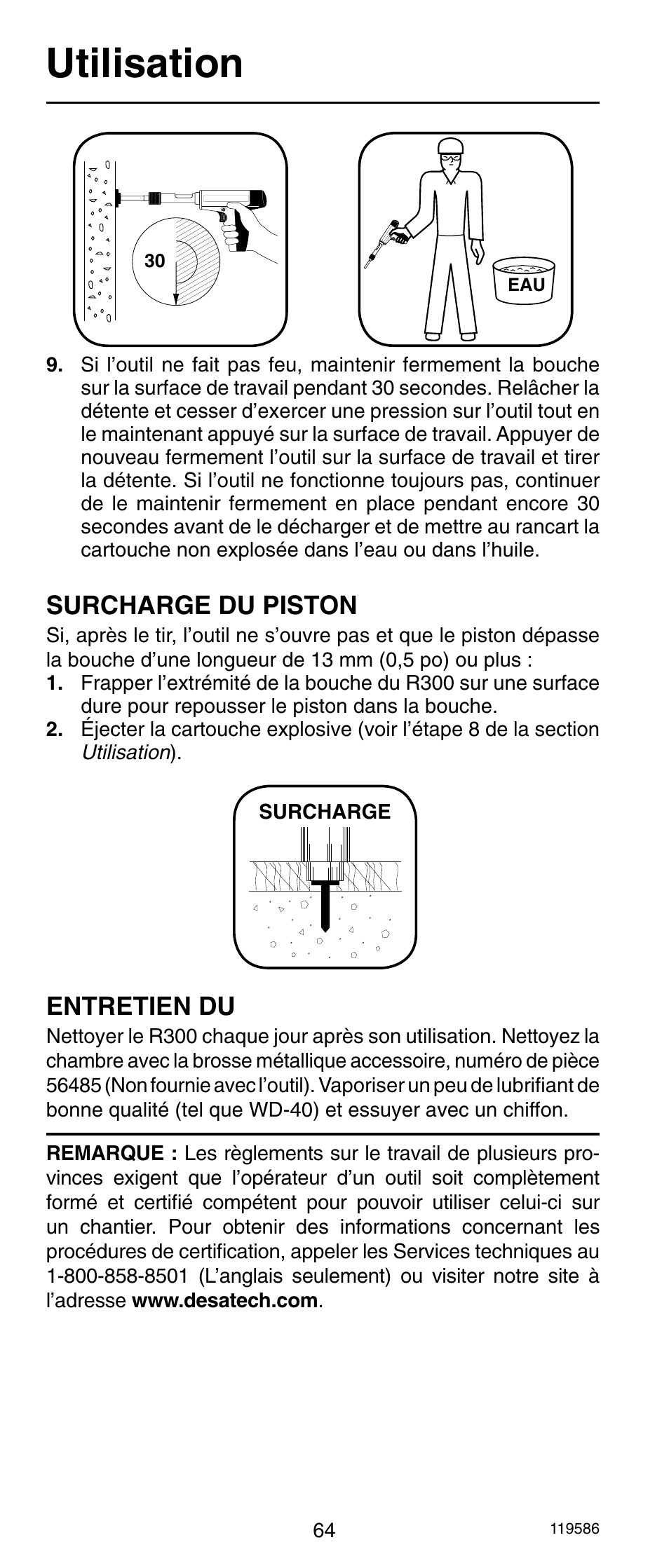 Utilisation, Entretien du, Surcharge du piston | Remington r300 User Manual | Page 64 / 72