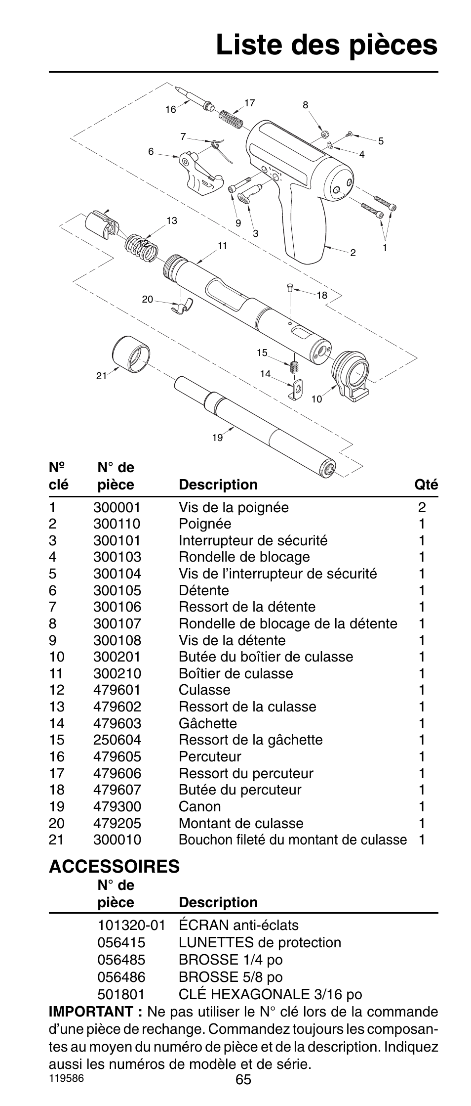 Liste des pièces, Accessoires | Remington r300 User Manual | Page 65 / 72