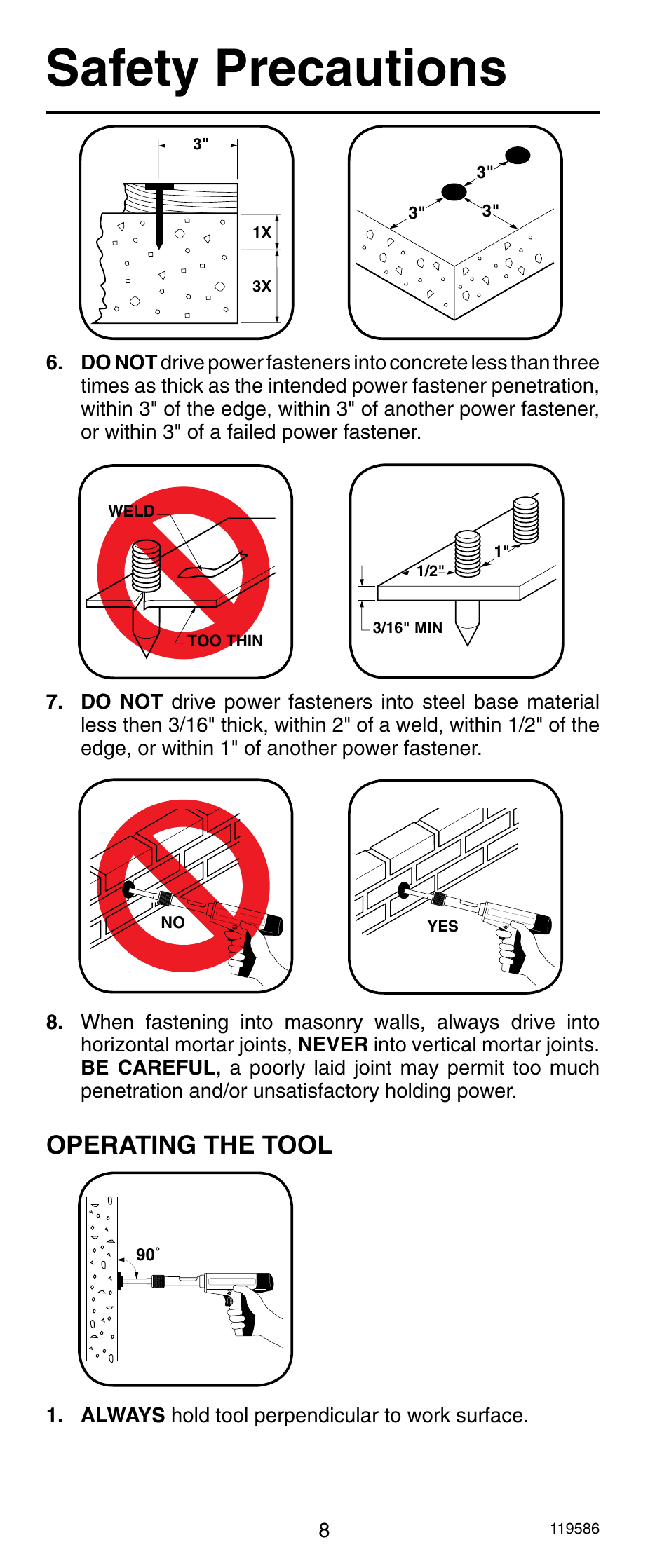Safety precautions, Operating the tool, Always hold tool perpendicular to work surface | Remington r300 User Manual | Page 8 / 72
