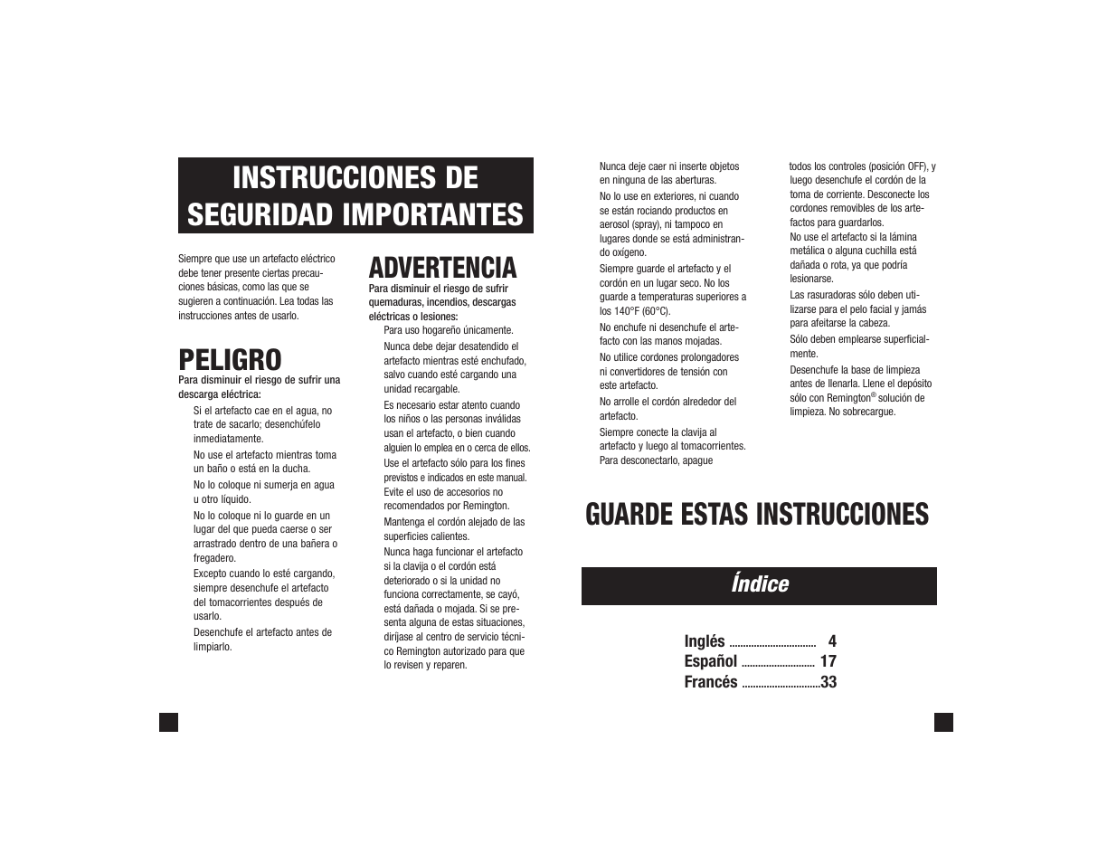 Guarde estas instrucciones, Instrucciones de seguridad importantes, Peligro | Advertencia, Índice | Remington R-9500 User Manual | Page 10 / 25