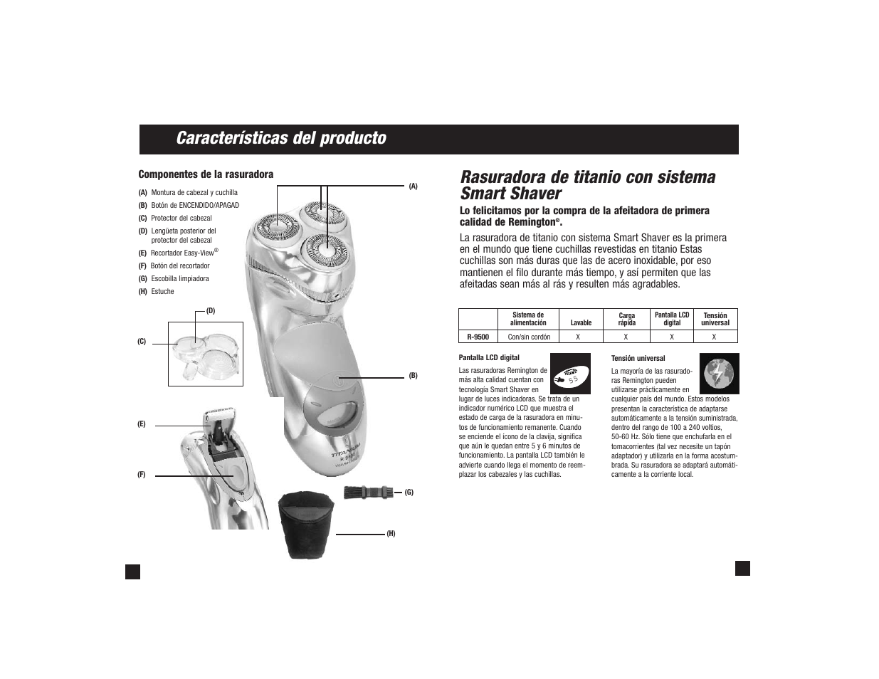Características del producto, Rasuradora de titanio con sistema smart shaver | Remington R-9500 User Manual | Page 11 / 25