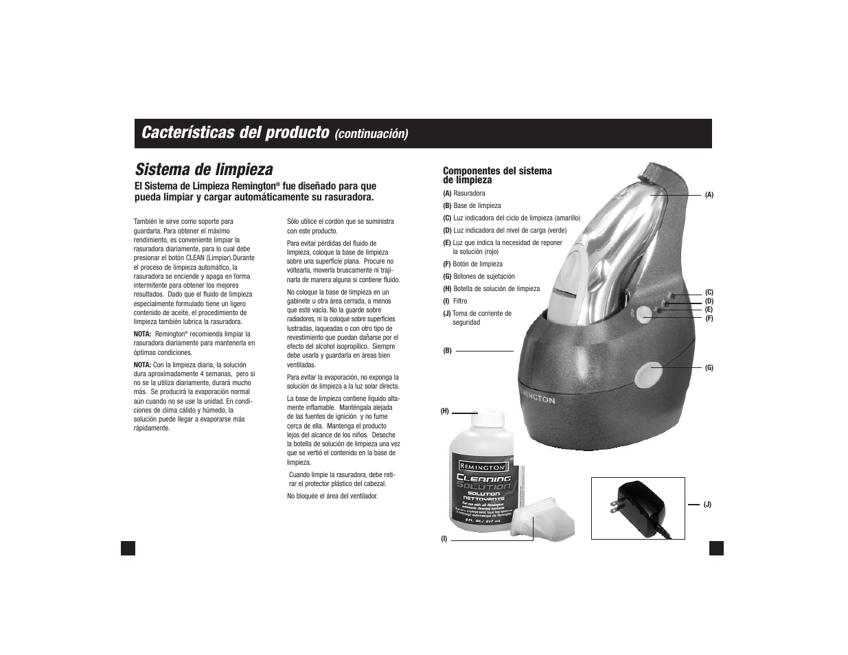 Cacterísticas del producto, Sistema de limpieza, Continuación) | Remington R-9500 User Manual | Page 12 / 25