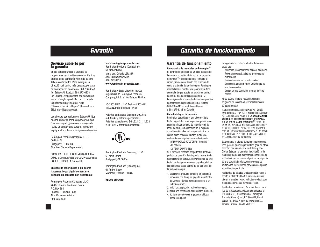 Garantía, Garantía de funcionamiento | Remington R-9500 User Manual | Page 16 / 25
