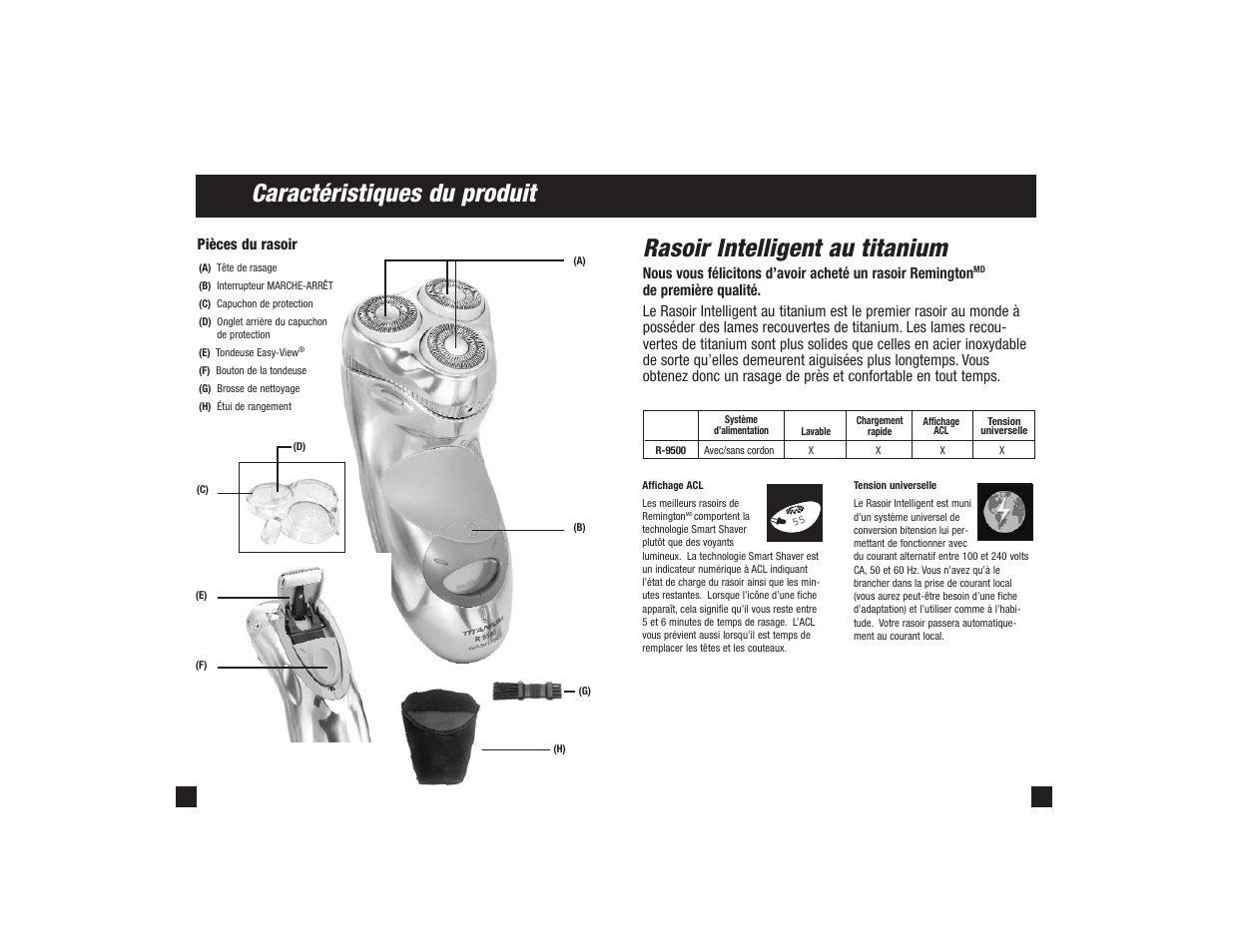 Caractéristiques du produit, Rasoir intelligent au titanium, Pièces du rasoir | Remington R-9500 User Manual | Page 19 / 25