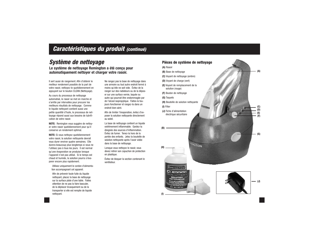Caractéristiques du produit, Système de nettoyage, Continué) | Remington R-9500 User Manual | Page 20 / 25