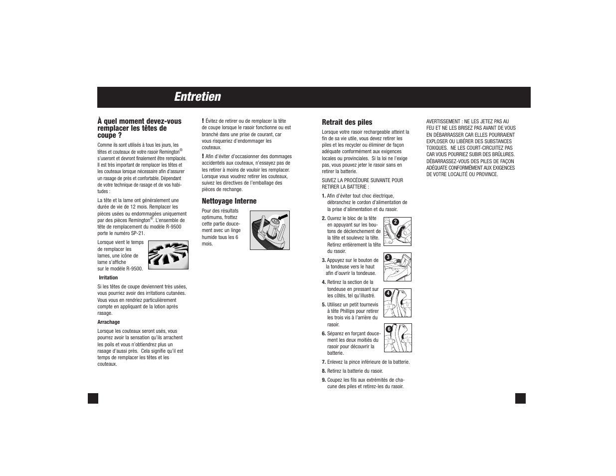 Entretien, Nettoyage interne, Retrait des piles | Remington R-9500 User Manual | Page 23 / 25
