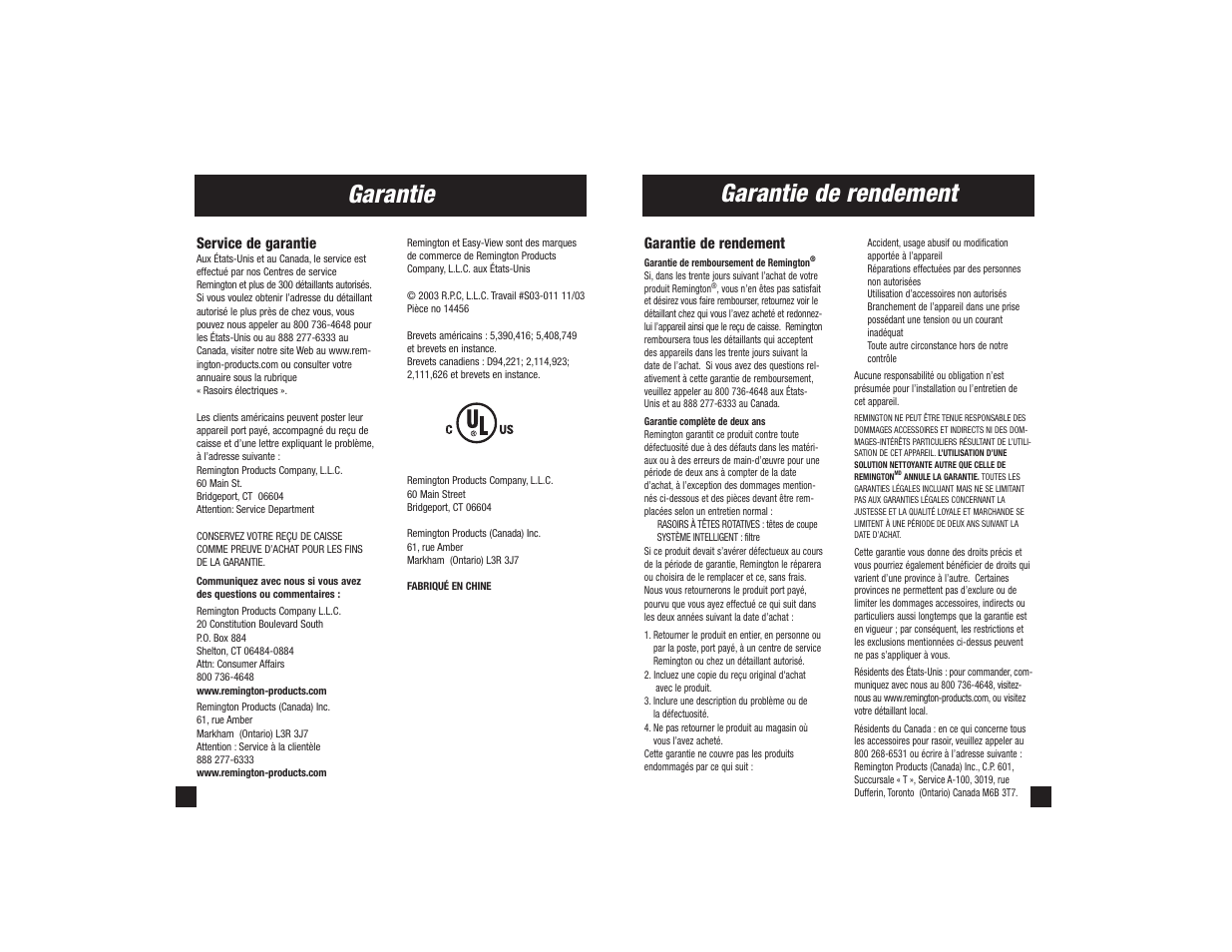 Garantie, Garantie de rendement, Service de garantie | Remington R-9500 User Manual | Page 24 / 25