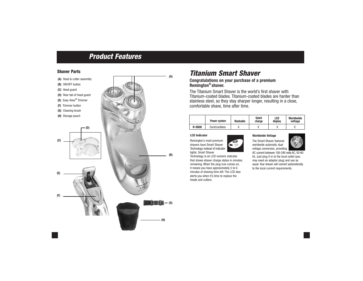 Product features, Titanium smart shaver | Remington R-9500 User Manual | Page 3 / 25