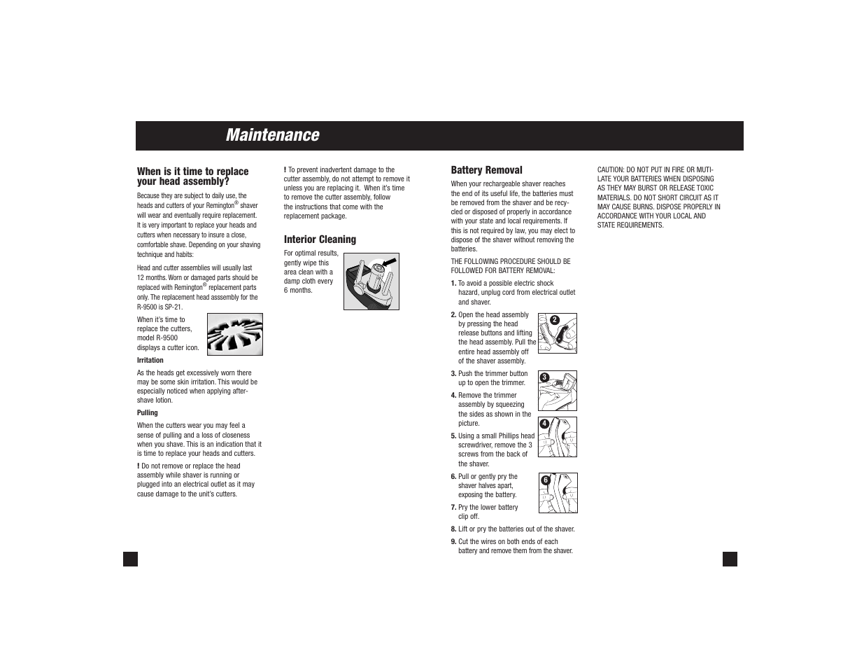 Maintenance, When is it time to replace your head assembly, Battery removal | Interior cleaning | Remington R-9500 User Manual | Page 7 / 25