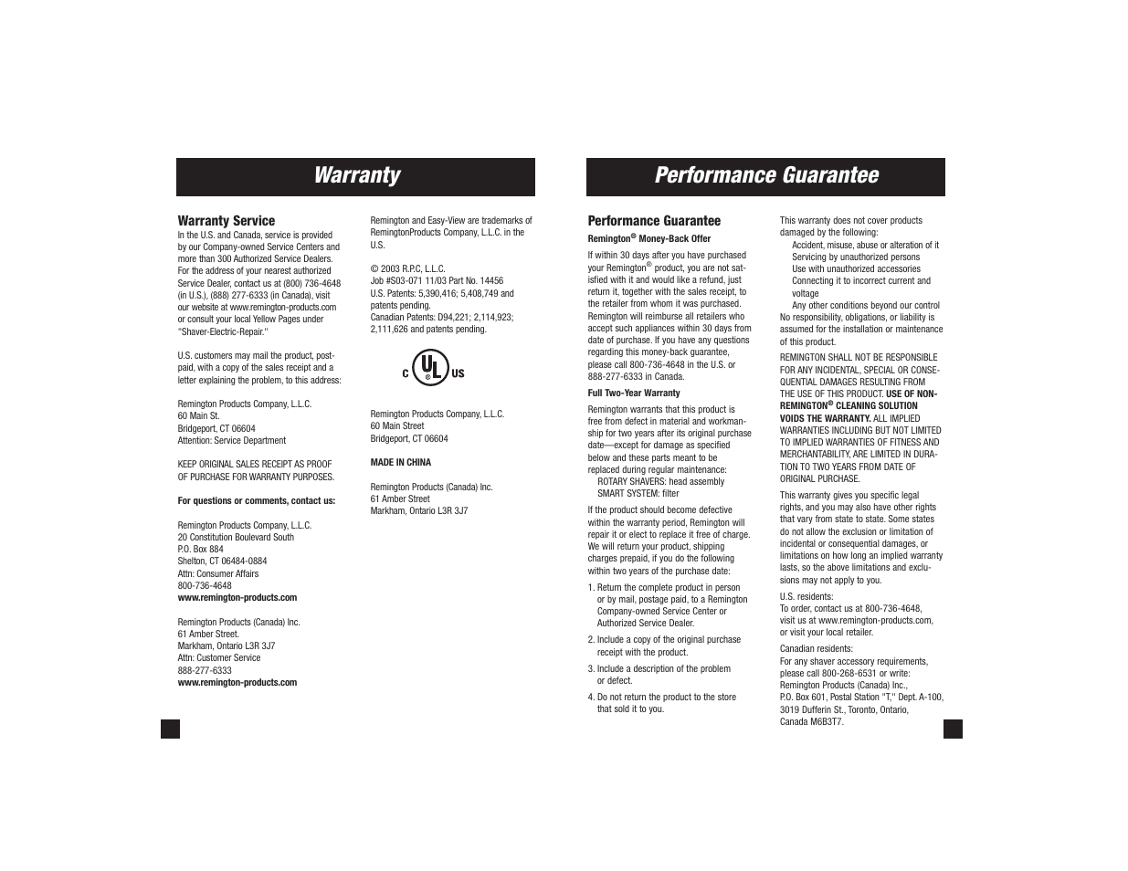 Warranty, Performance guarantee | Remington R-9500 User Manual | Page 8 / 25