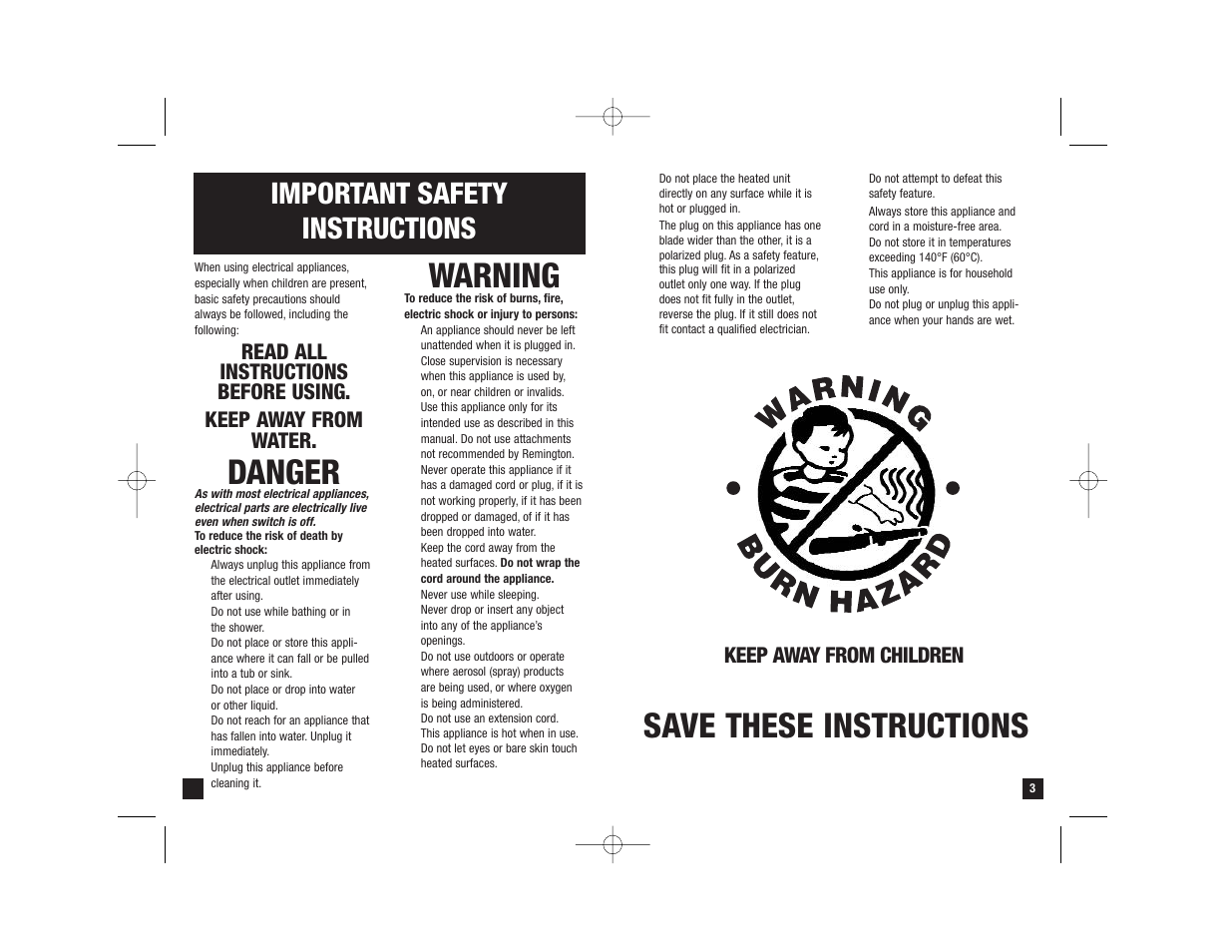 Save these instructions, Danger, Warning | Important safety instructions, Keep away from children | Remington S-1009 User Manual | Page 2 / 7