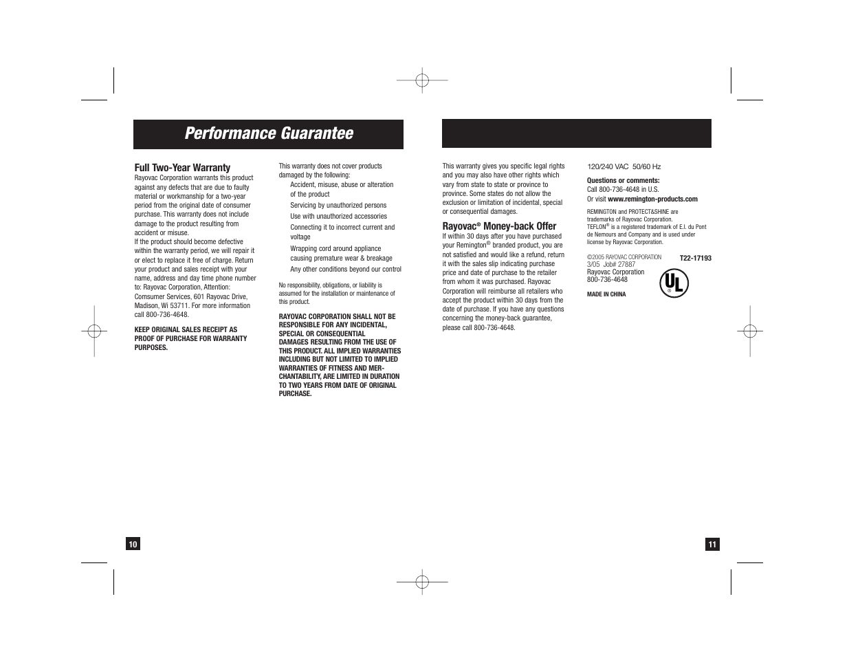 Performance guarantee | Remington S-1009 User Manual | Page 6 / 7