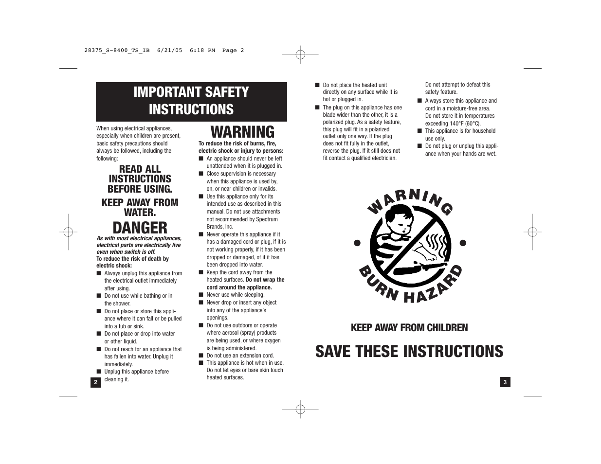 Save these instructions, Danger, Warning | Important safety instructions, Keep away from children | Remington S-8400 User Manual | Page 2 / 5