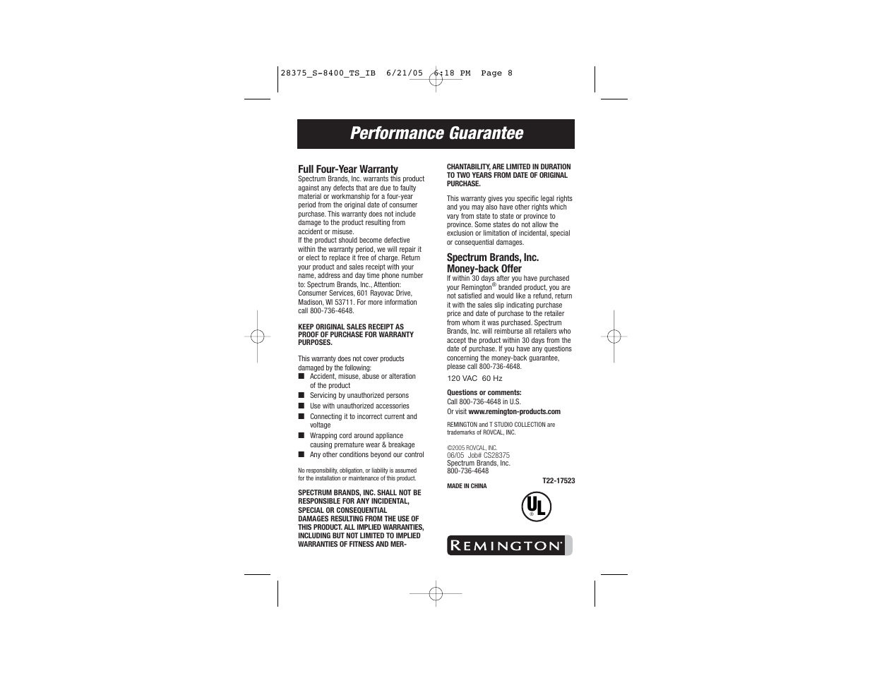 Performance guarantee | Remington S-8400 User Manual | Page 5 / 5