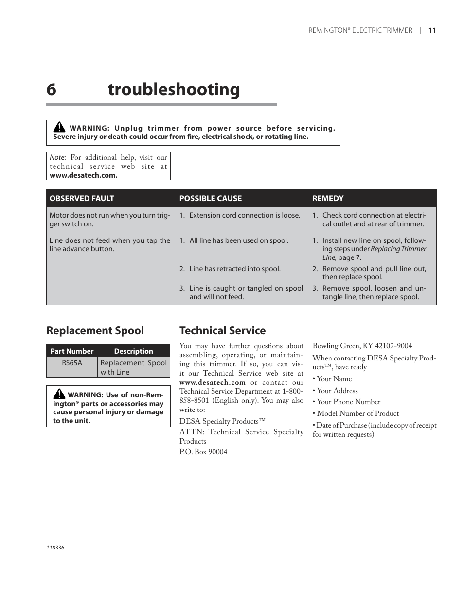 6troubleshooting, Technical service, Replacement spool | Remington ST3010A User Manual | Page 15 / 52