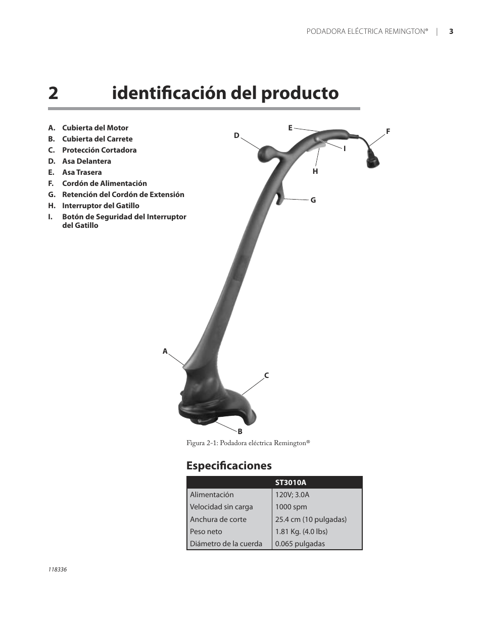 2identiﬁcación del producto, Especiﬁcaciones | Remington ST3010A User Manual | Page 25 / 52