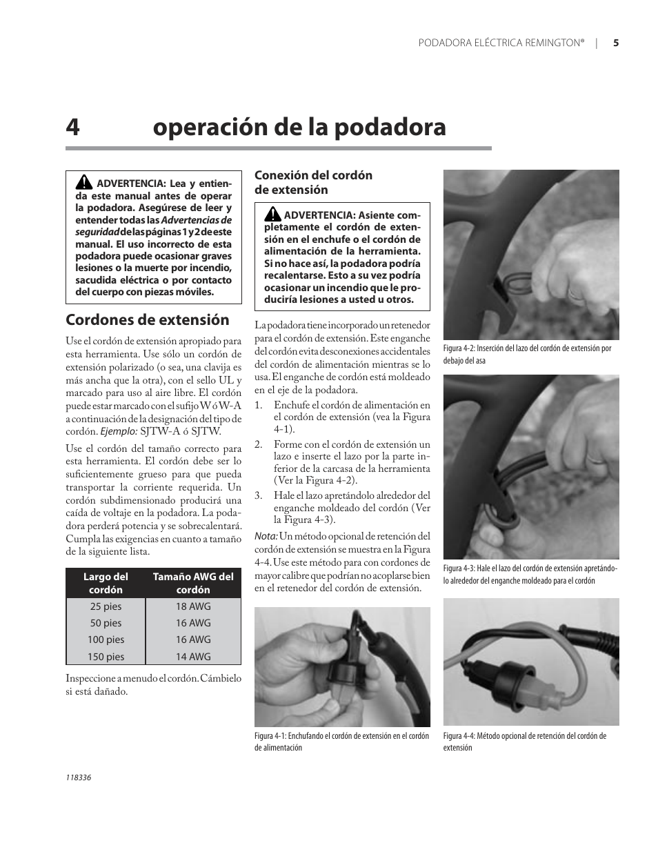 4operación de la podadora, Cordones de extensión | Remington ST3010A User Manual | Page 27 / 52