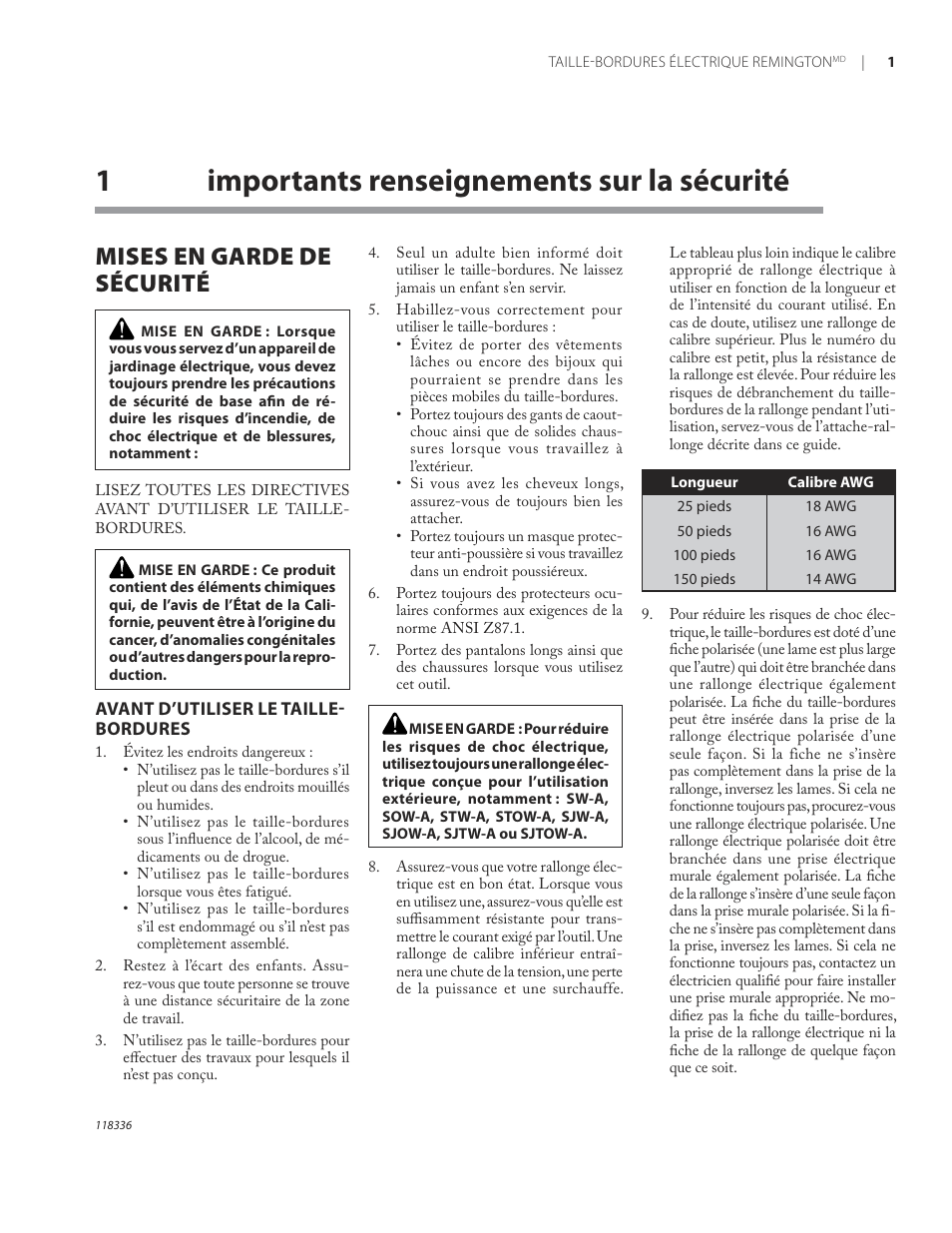 1importants renseignements sur la sécurité, Mises en garde de sécurité | Remington ST3010A User Manual | Page 39 / 52