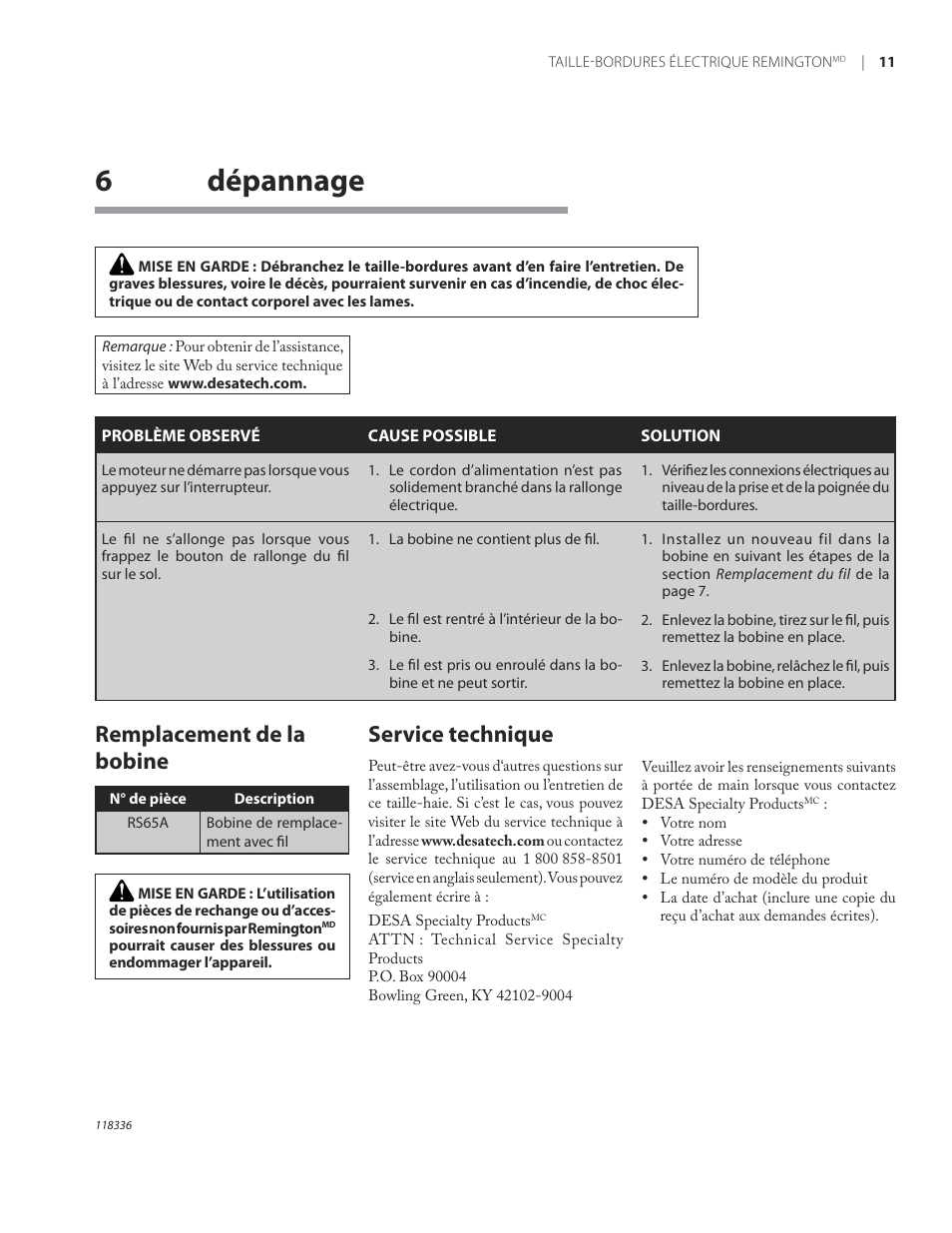 6dépannage, Service technique, Remplacement de la bobine | Remington ST3010A User Manual | Page 49 / 52