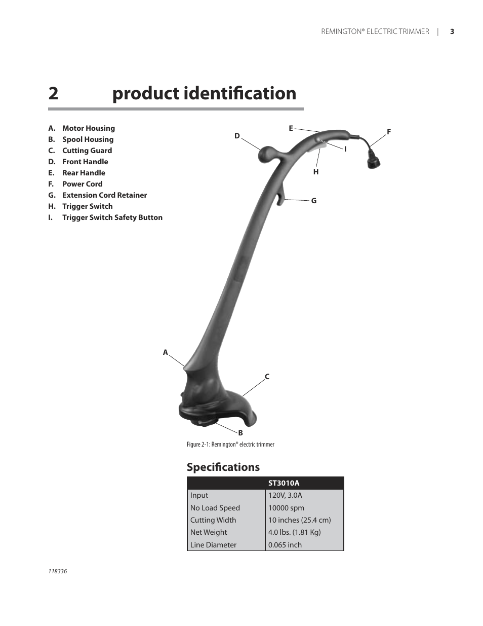 2product identiﬁcation, Speciﬁcations | Remington ST3010A User Manual | Page 7 / 52