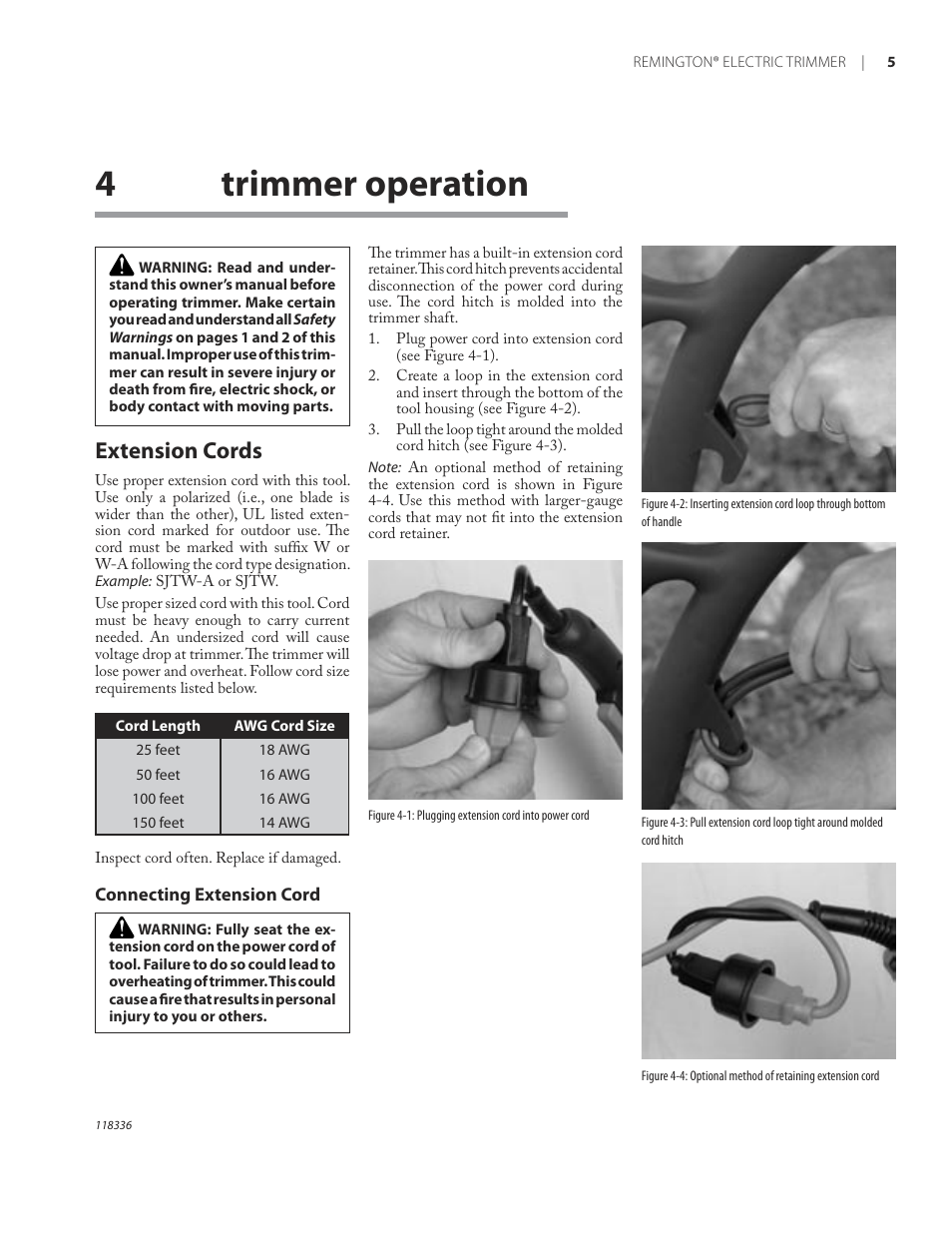 Trimmer operation, 4trimmer operation, Extension cords | Remington ST3010A User Manual | Page 9 / 52
