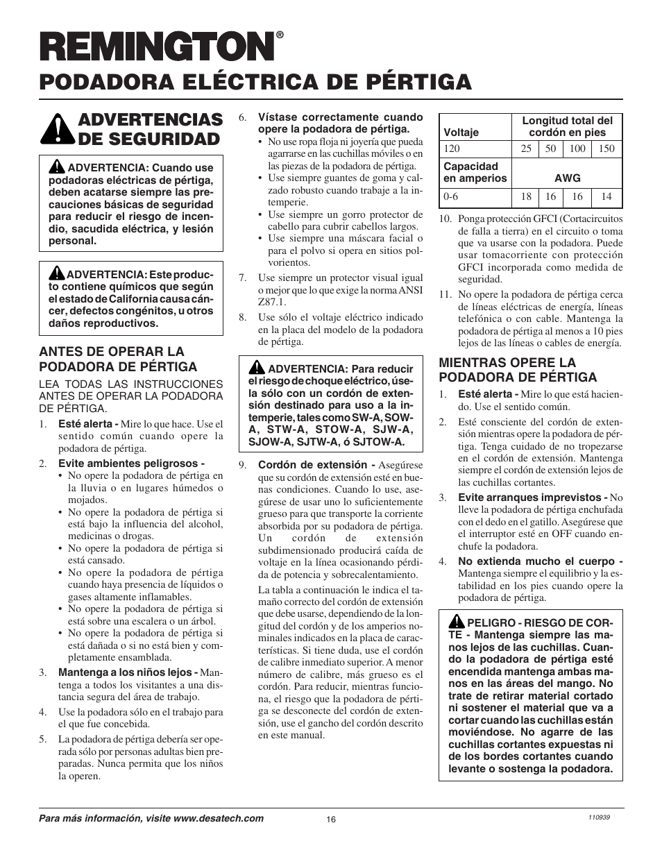 Podadora eléctrica de pértiga, Advertencias de seguridad | Remington Hedge Wizard 110946-01 User Manual | Page 16 / 44