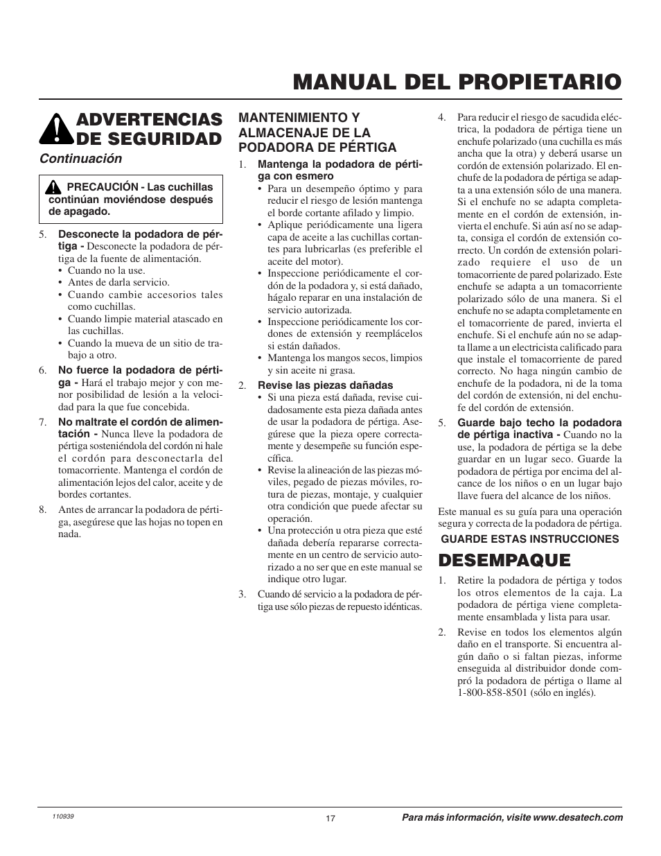 Manual del propietario, Advertencias de seguridad desempaque | Remington Hedge Wizard 110946-01 User Manual | Page 17 / 44