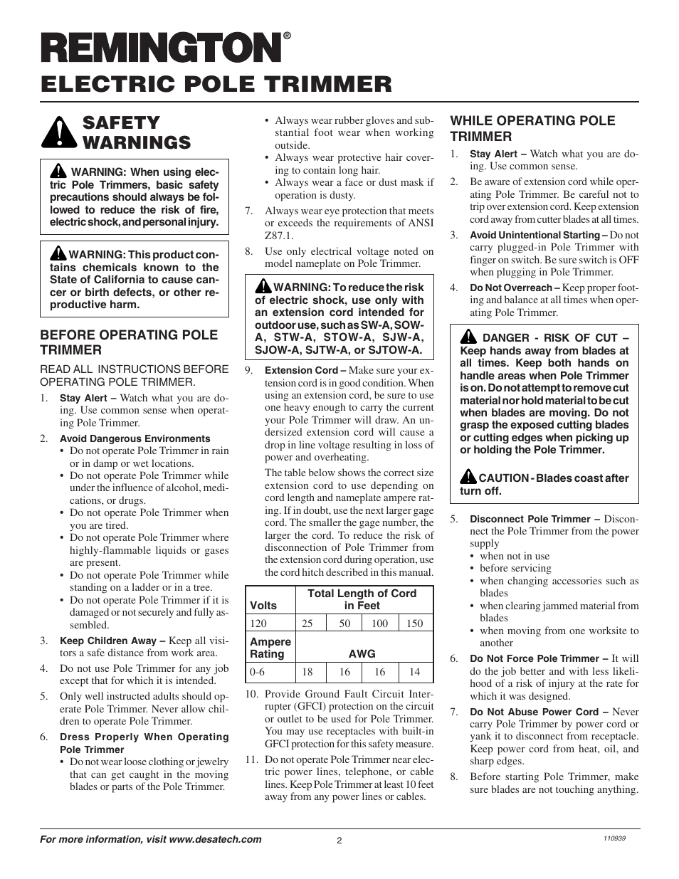 Electric pole trimmer, Safety warnings | Remington Hedge Wizard 110946-01 User Manual | Page 2 / 44