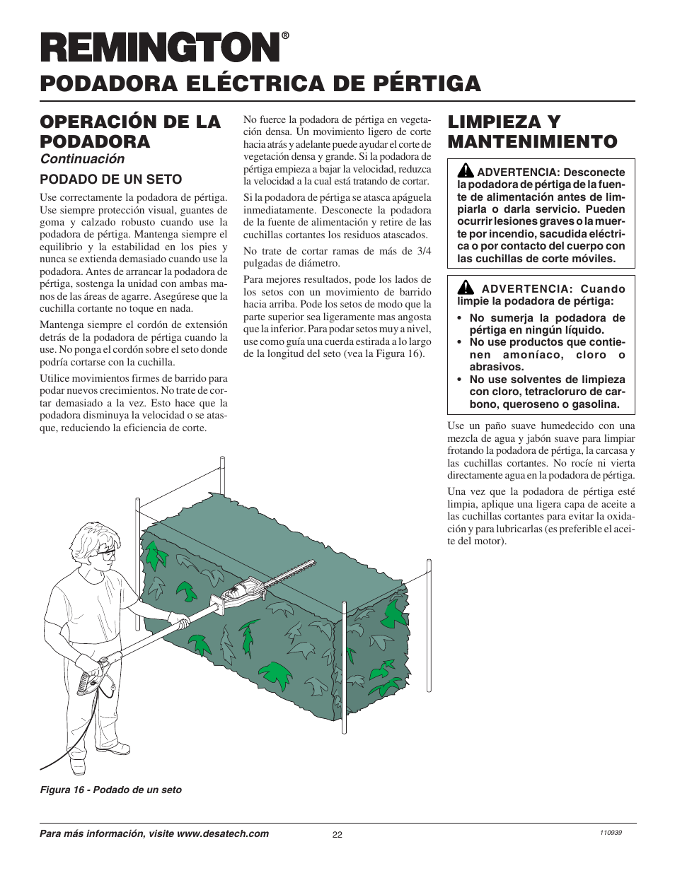 Podadora eléctrica de pértiga, Limpieza y mantenimiento, Operación de la podadora | Remington Hedge Wizard 110946-01 User Manual | Page 22 / 44