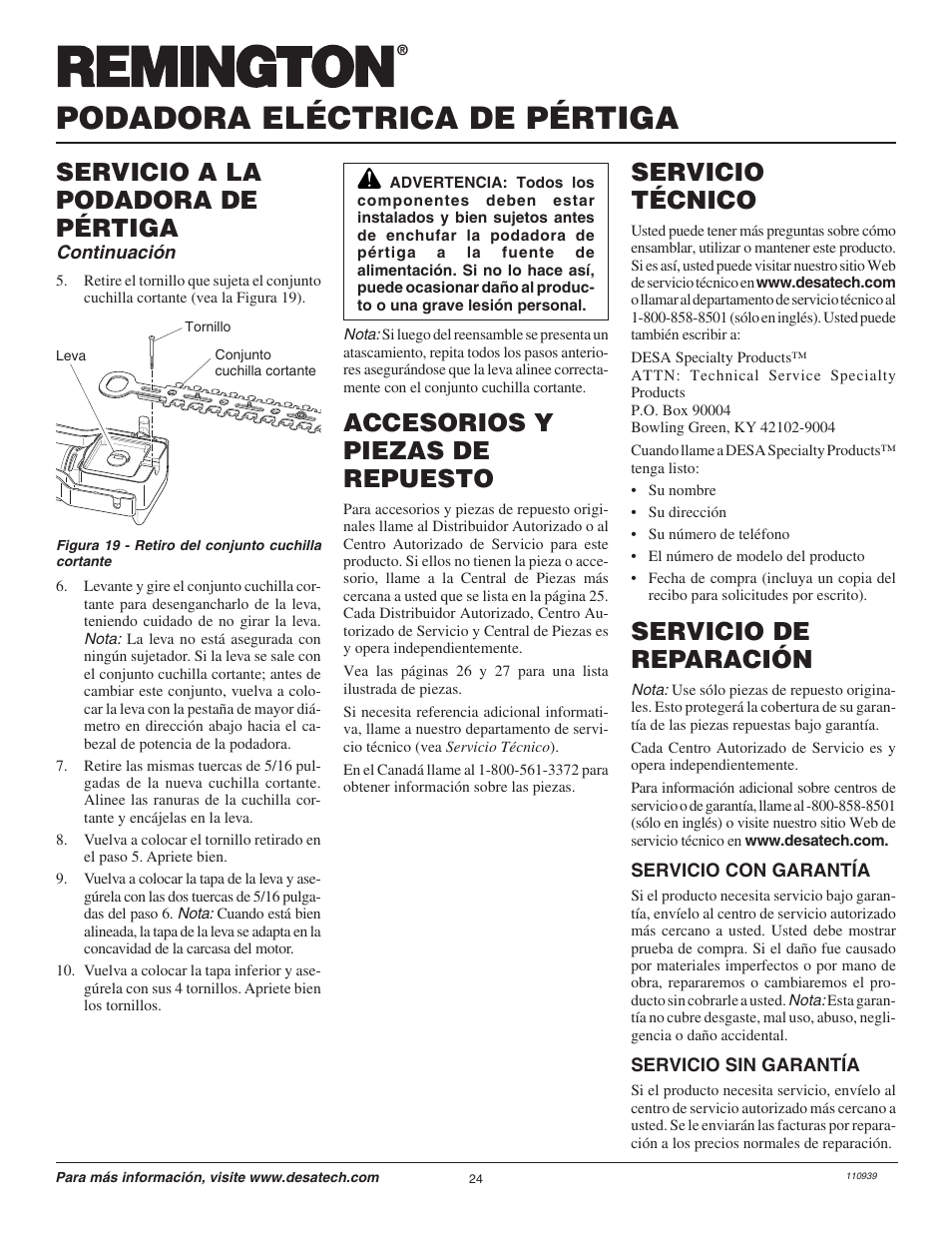 Podadora eléctrica de pértiga, Servicio a la podadora de pértiga, Servicio técnico | Servicio de reparación, Accesorios y piezas de repuesto | Remington Hedge Wizard 110946-01 User Manual | Page 24 / 44